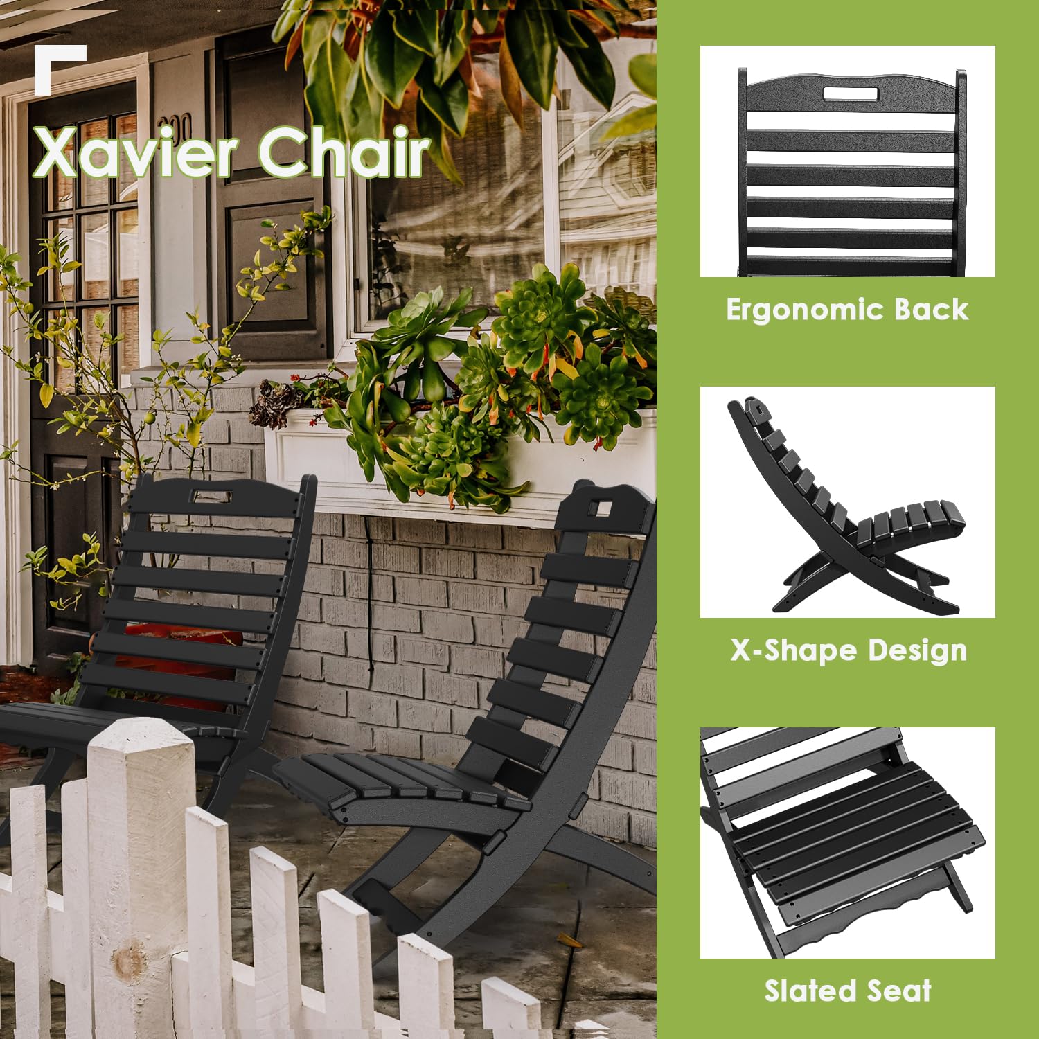 Folding Xavier Chair | Wave Design | Portable Adirondack Chair | HDPE Plastic All-Weather Outdoor Furniture | Fire Pit, Beach, Deck, Poolside, Garden, Patio, Porch & Fishing Chair | Black - Perfect for Backyard Relaxation, Camping Trips & Coastal Getaways