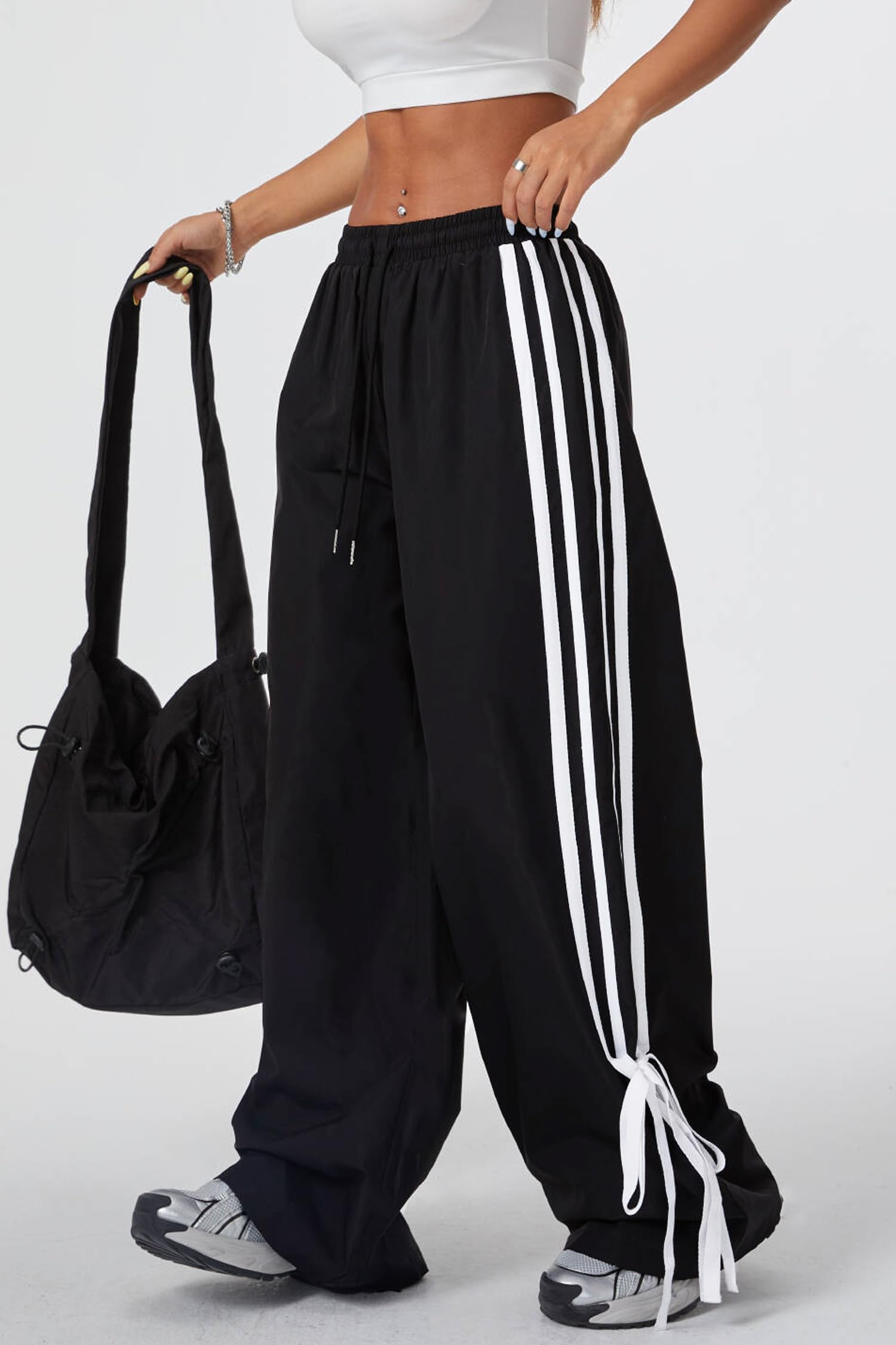 Y2K Women's Baggy Pants - Striped Wide Leg Sweatpants with Bow & Elastic Waist | Casual Streetwear, Loungewear & Retro Fashion Outfit