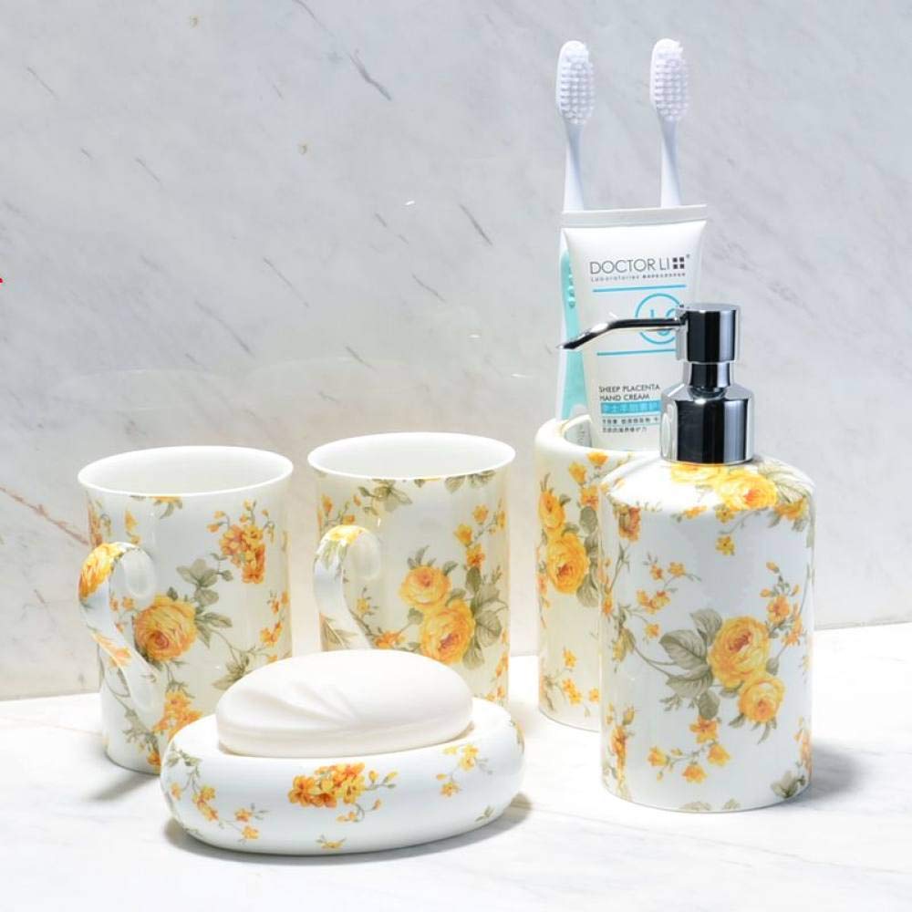 Vintage Ceramic Bathroom Accessories Set - 6 Piece White Bath Vanity Decor with Yellow Peony Flower Design, Includes Soap Dispenser, 2 Cups, Toothbrush Holder & Soap Dish - Perfect for Home, Hotel & Guest Bathroom Decor