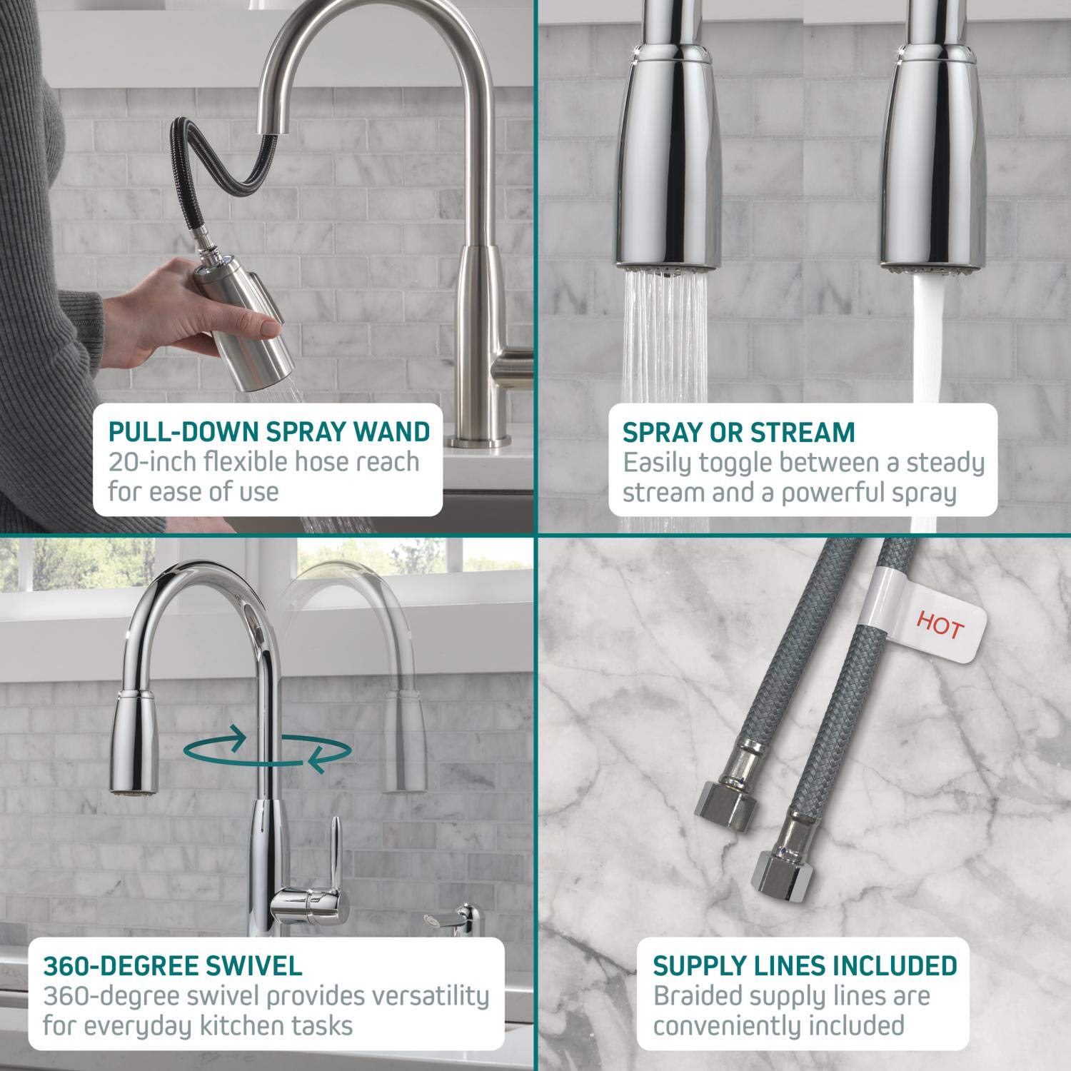 Peerless Xander Brushed Nickel Kitchen Faucet with Pull Down Sprayer - Single Handle Stainless Steel Sink Faucet (Model P7919LF-SS) - Perfect for Modern Kitchens, Dishwashing & Food Prep