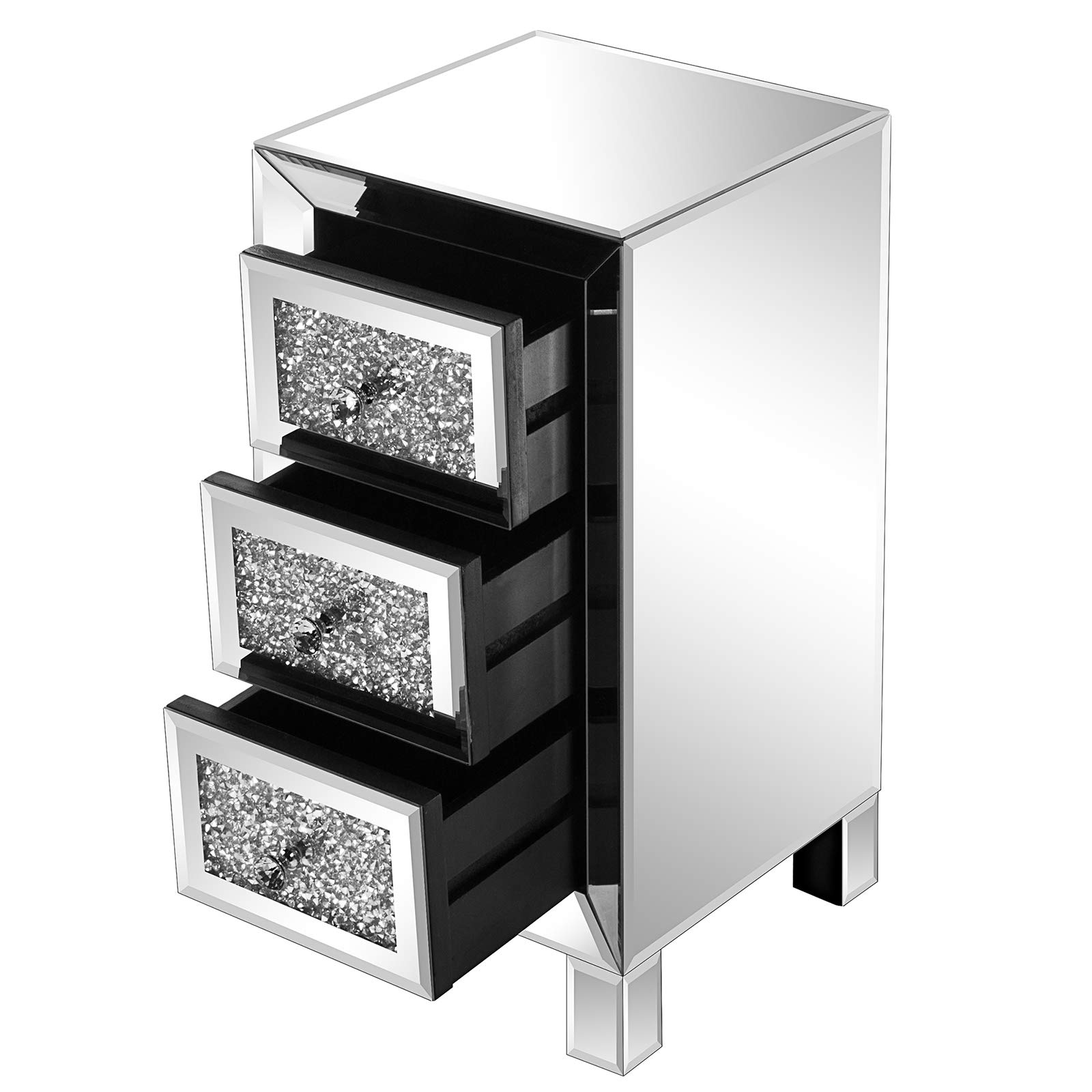 2-Pack Mirrored Nightstands with 3 Drawers - Silver Diamond Reflective Surface Bedside Tables with Crystal Knobs - Elegant Mirrored Wood Accent Tables for Bedroom, Living Room - Perfect for Modern Home Decor & Guest Room Setup