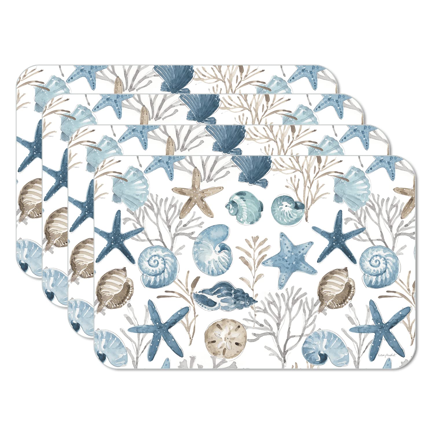 CounterArt Blue Escape Seashells 4-Pack Reversible Placemats - BPA-Free Flexible Plastic, Easy Wipe Clean & Durable - Made in USA - Perfect for Beach-Themed Dining, Kitchen Decor & Outdoor Entertaining
