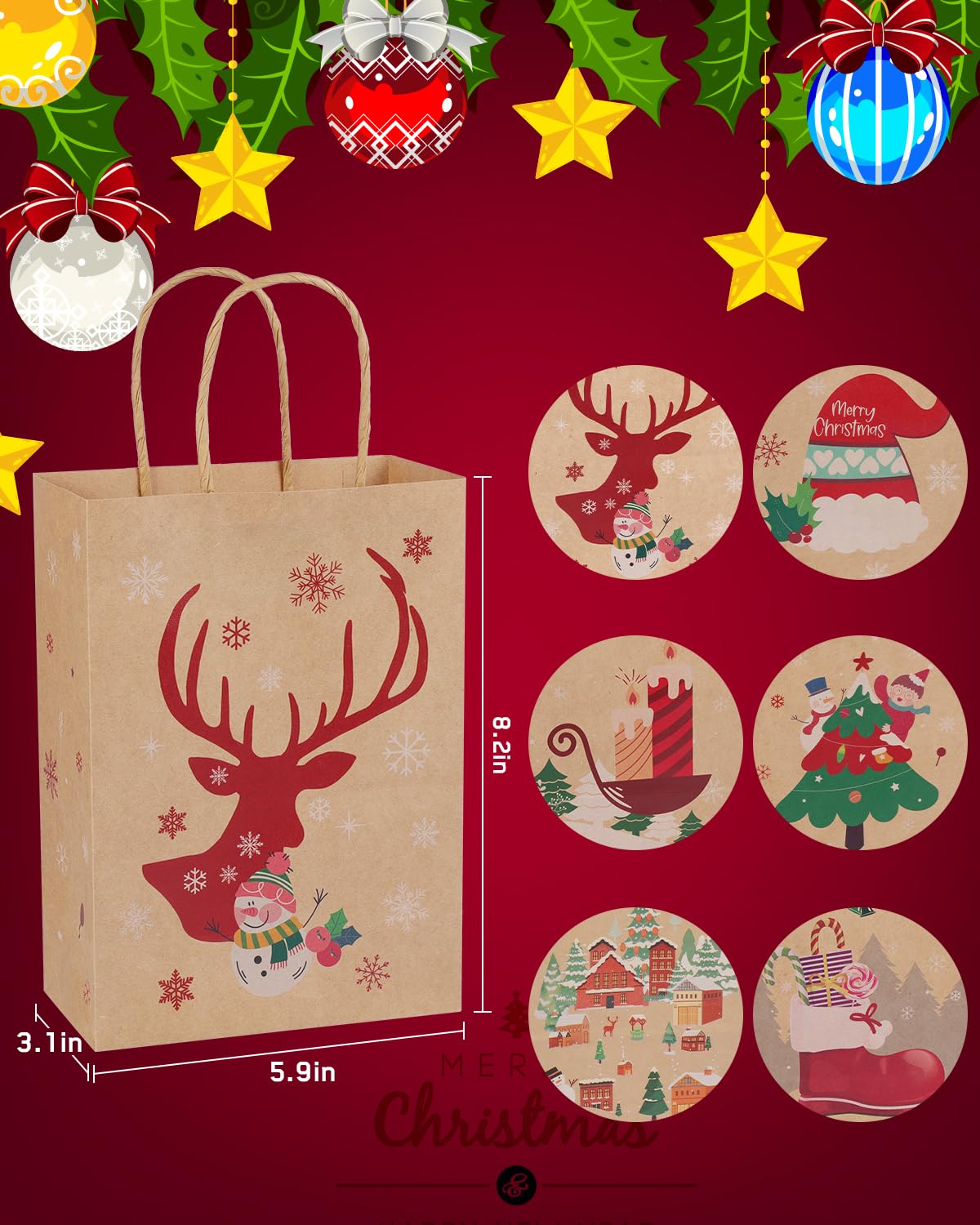 24 Pack Christmas Gift Bags - 6 Festive Designs Kraft Paper Gift Bags with Handles (8.26x5.90x3.14 Inches) - Reusable Holiday Present Bags for Xmas, Birthday, Party Favors & Gift Wrapping