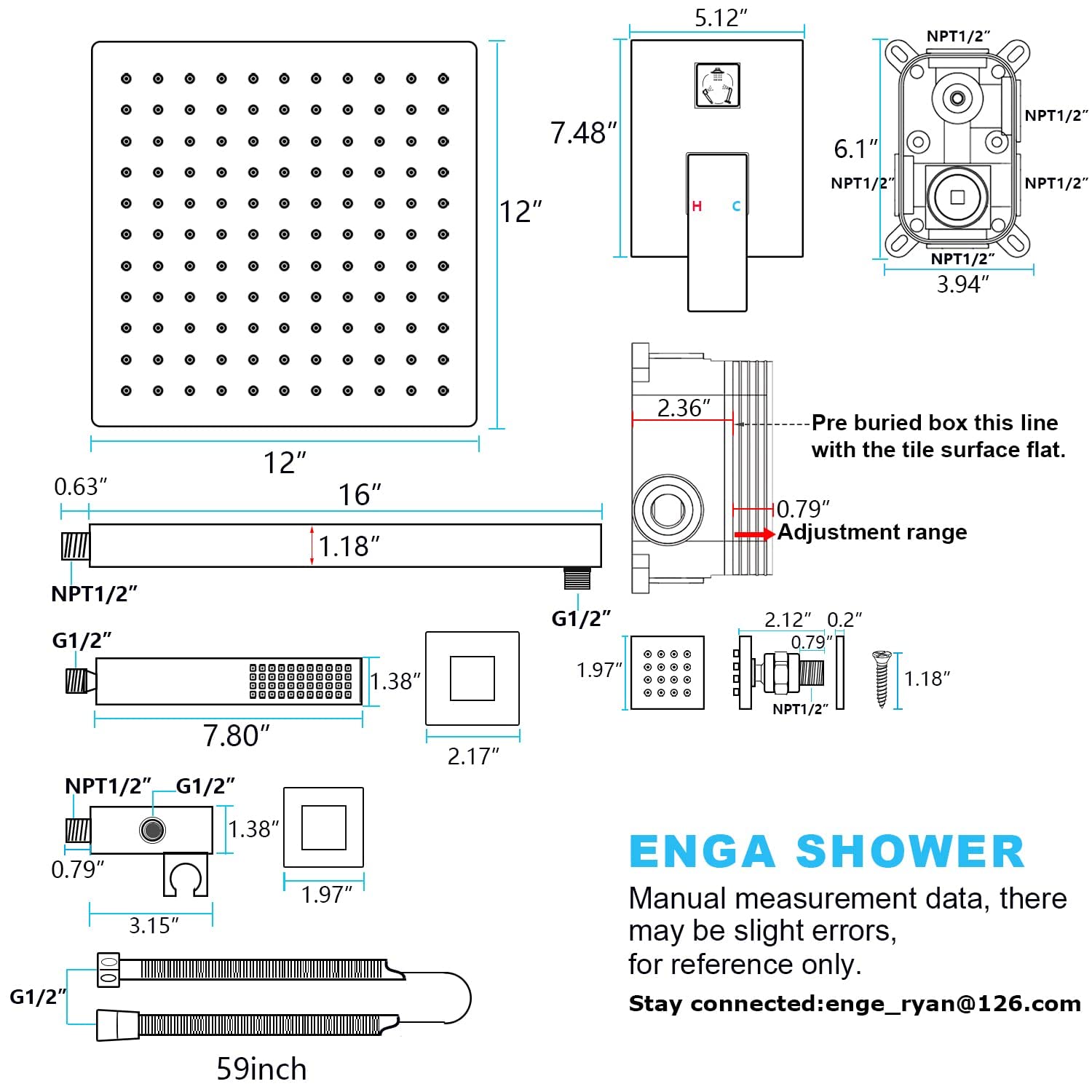 Enga Oil Rubbed Bronze Shower System with 12-Inch Rainfall Showerhead & Body Jets - Wall Mounted Full Body Shower Combo Set with Rough-In Valve - Perfect for Spa-Like Luxury Bathroom Experience