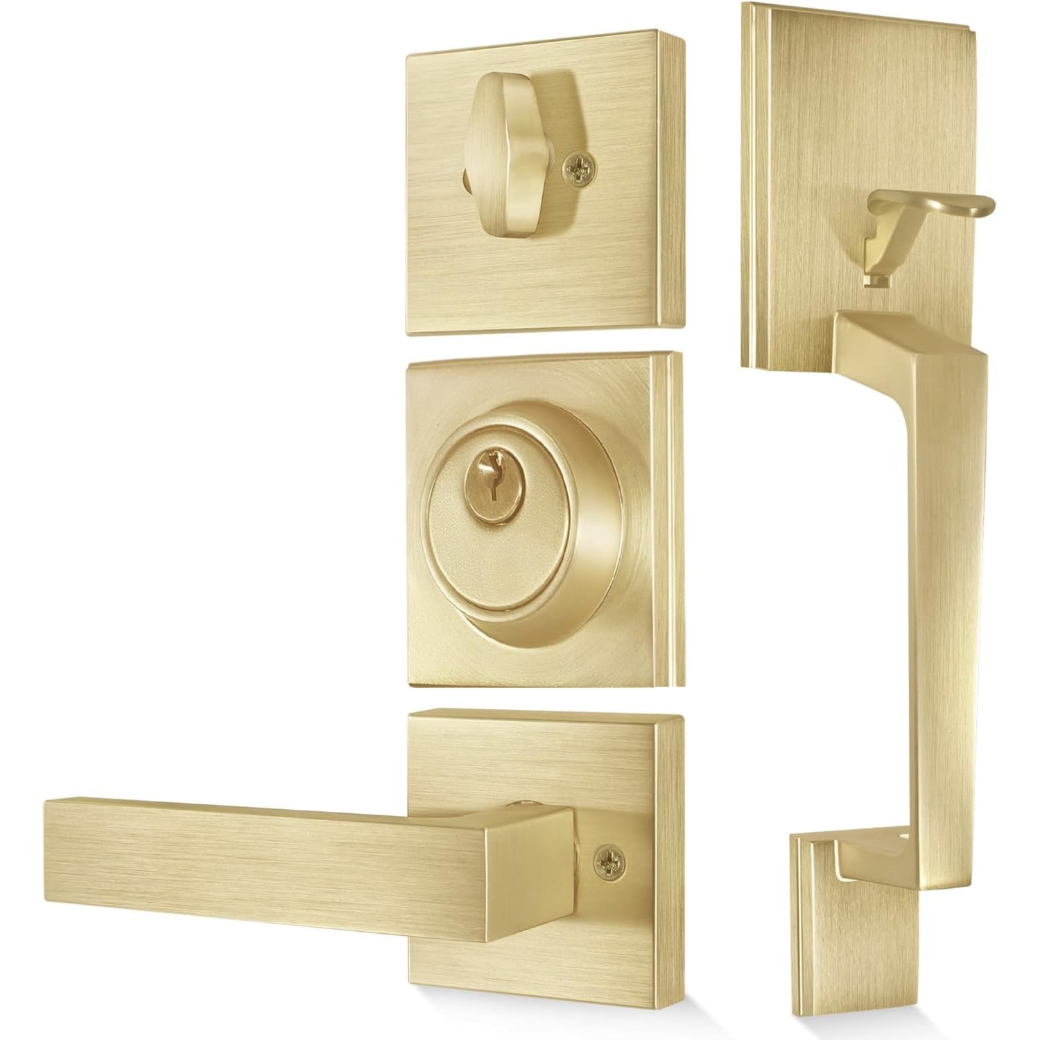 Satin Brass Square Front Door Handle Set with Single Cylinder Deadbolt & Low Half Lever - Secure Entry Door Lock for Home, Office & Apartment - Durable & Stylish Hardware for Exterior Doors