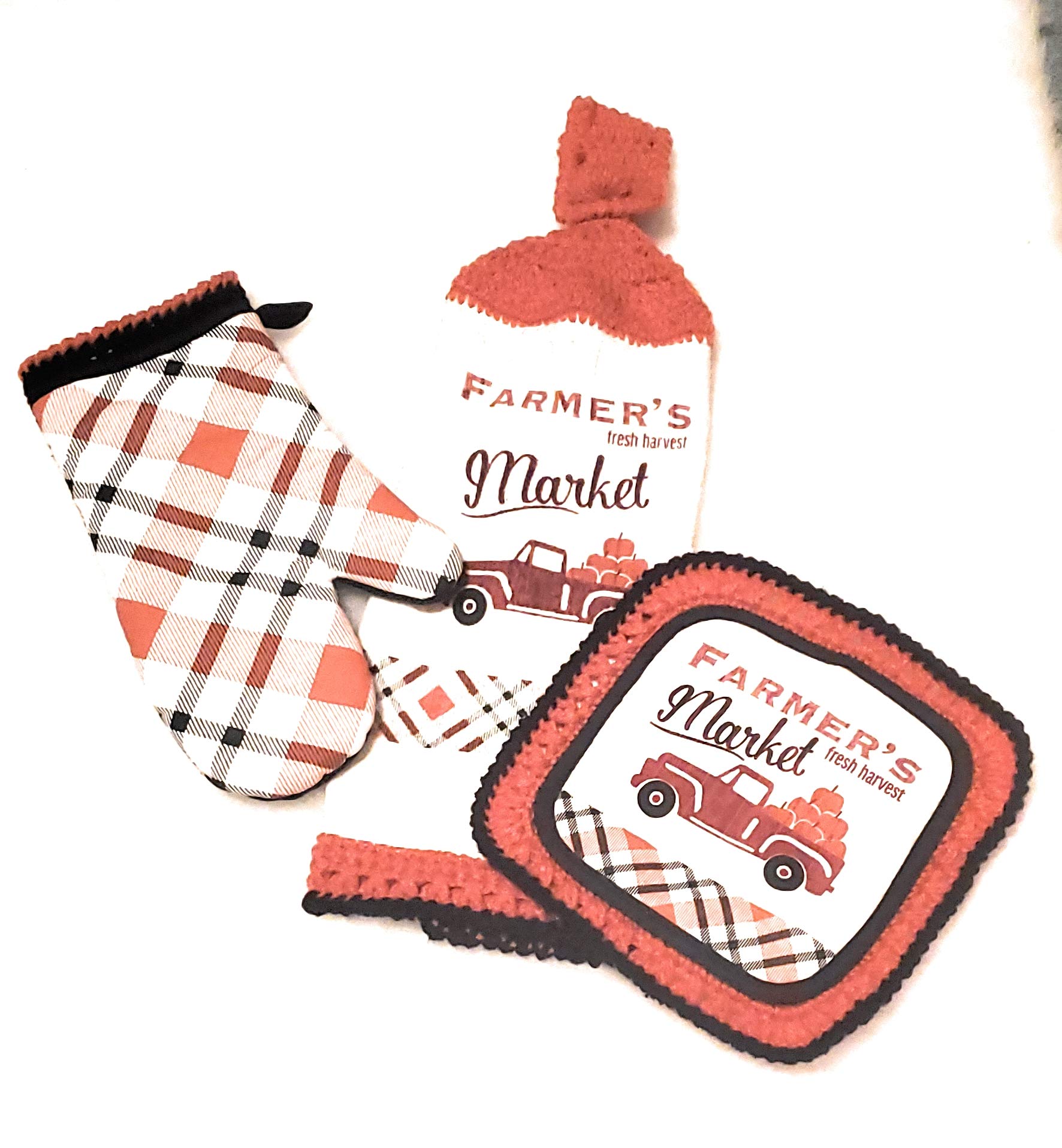 Farmer's Market 3-Piece Kitchen Set - Crochet Top Hanging Towel, Pot Holder & Oven Mitt with Decorative Trim for Farmhouse Style Cooking & Baking
