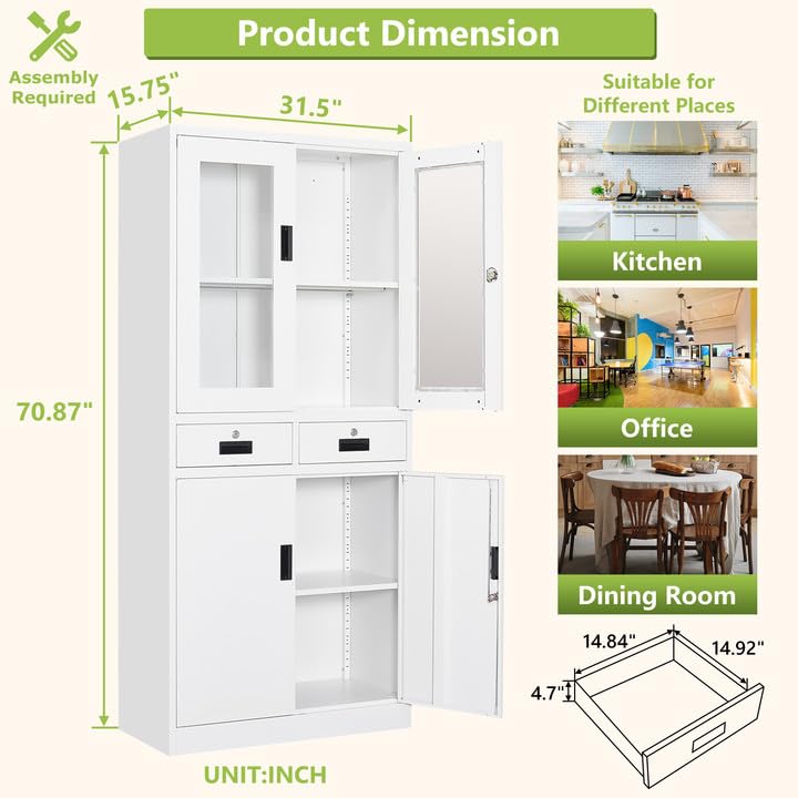 71'' Tall White Metal Storage Cabinet with Locking Doors & Adjustable Shelves - Freestanding Glass Display Cabinet for Kitchen Pantry, Living Room, or Office Organization