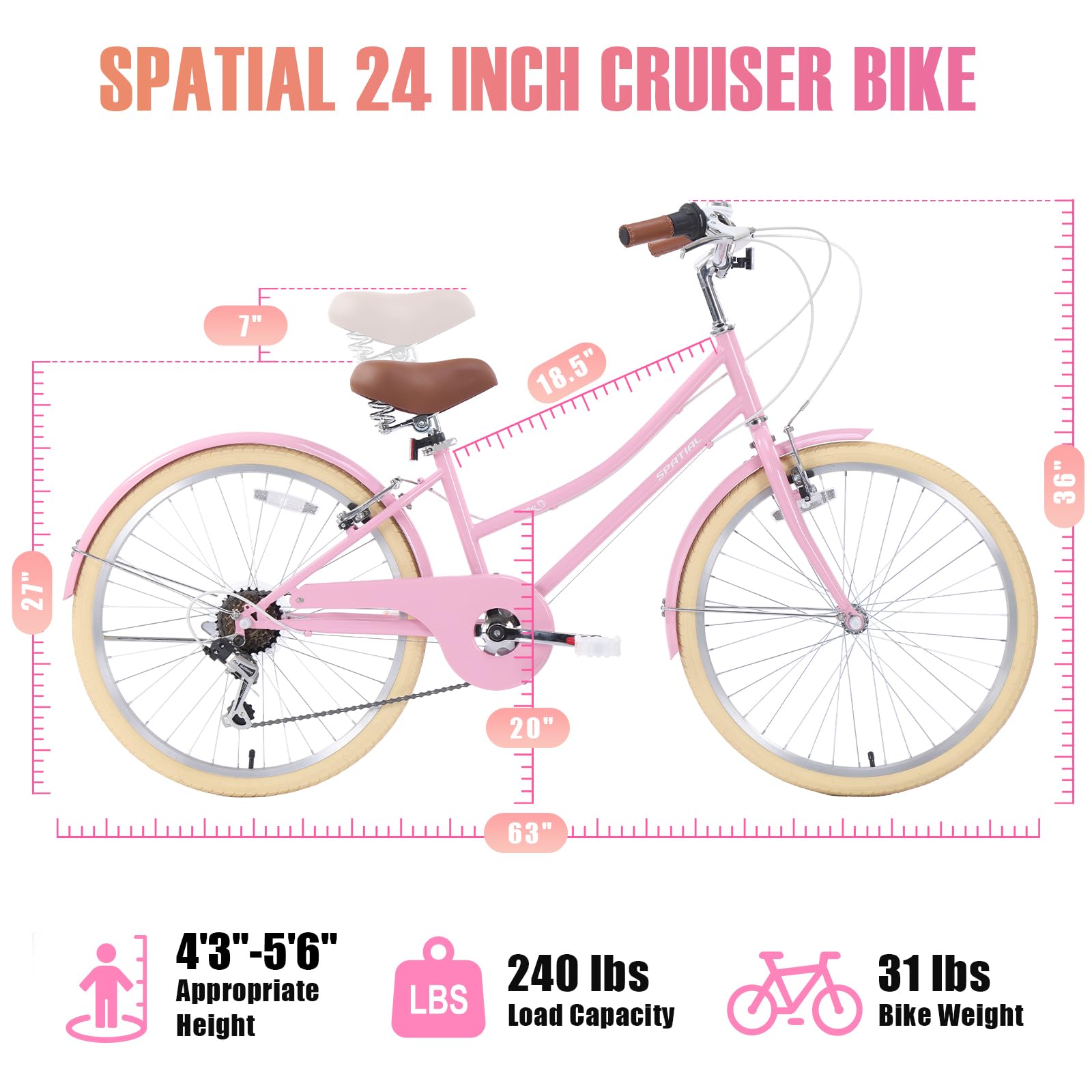 SPATIAL Women's 24 Inch Beach Cruiser Bike - 6 Speed Comfortable City Bicycle for Adults with Dual V-Brake, Step-Through Frame & Multiple Colors | Perfect for Commuting, Leisure Rides & Coastal Cycling
