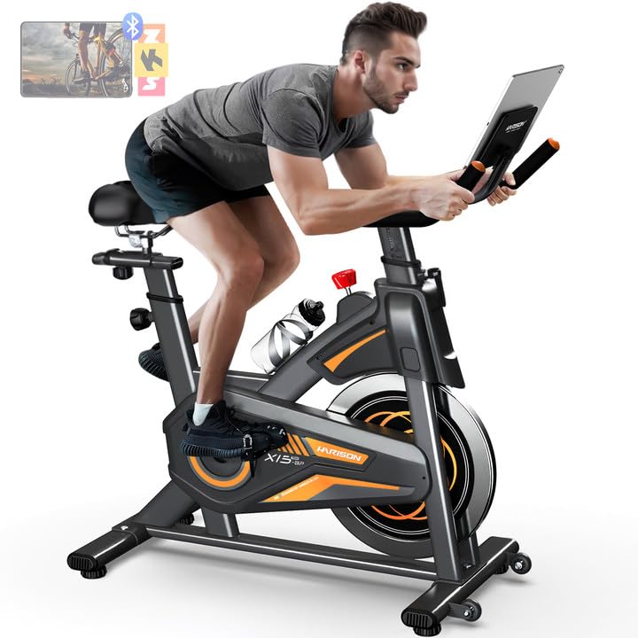 HARISON Magnetic Exercise Bike for Home - 350 lb Weight Capacity, Bluetooth App Connectivity, Adjustable Seat Cushion & Tablet Mount - Perfect for Indoor Cycling Workouts, Cardio Training, and Home Gym Fitness