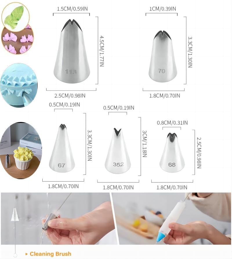 6 Pcs Leaf Icing Nozzles - Stainless Steel Cake Decorating Tips for Baking, Pastry & Fondant - with Cleaning Brush - Perfect for DIY Desserts & Party Cakes