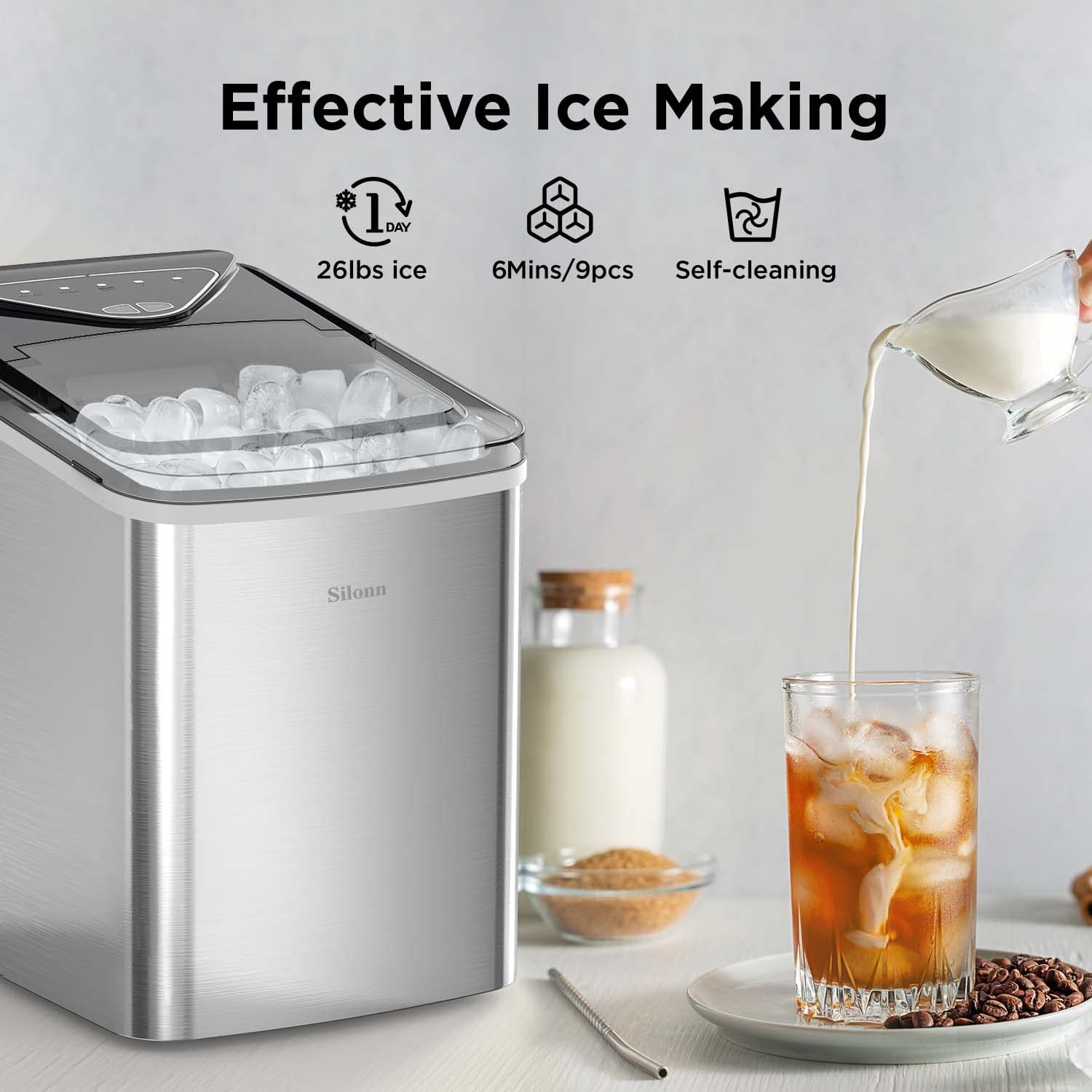 Silonn Countertop Ice Maker Machine - 9 Cubes in 6 Minutes, 26lbs Daily, Self-Cleaning with Ice Scoop & Basket - Bullet Ice Maker for Home, Office, RV & Parties - Stainless Steel Portable Ice Machine