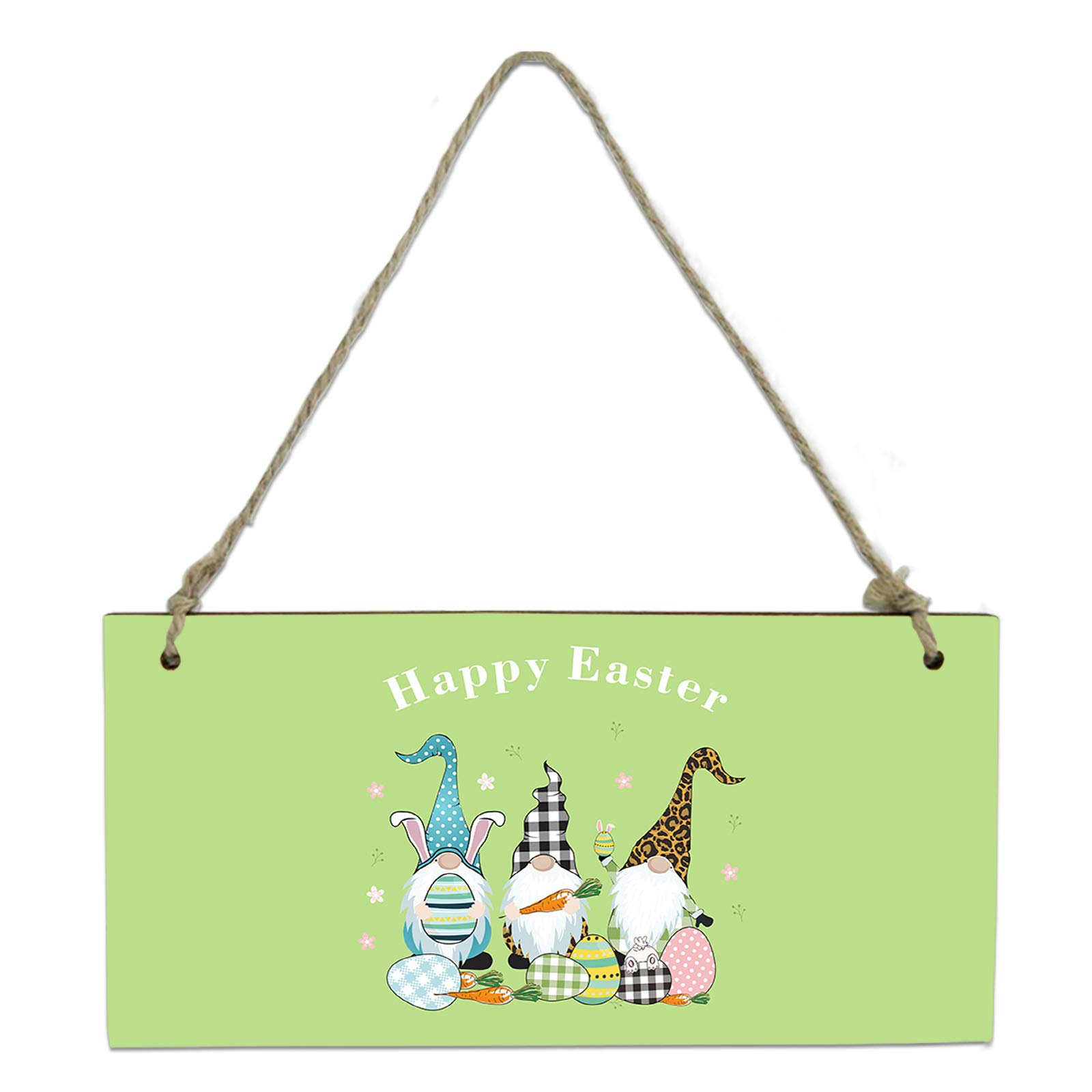 Easter Wooden Hanging Sign - Bunny Ears Gnomes Welcome Plaque with Easter Eggs, Green Plaid & Leopard Print Design - Rustic Wood Wall Decor for Easter Party, Home, Door, and Spring Festival Decoration