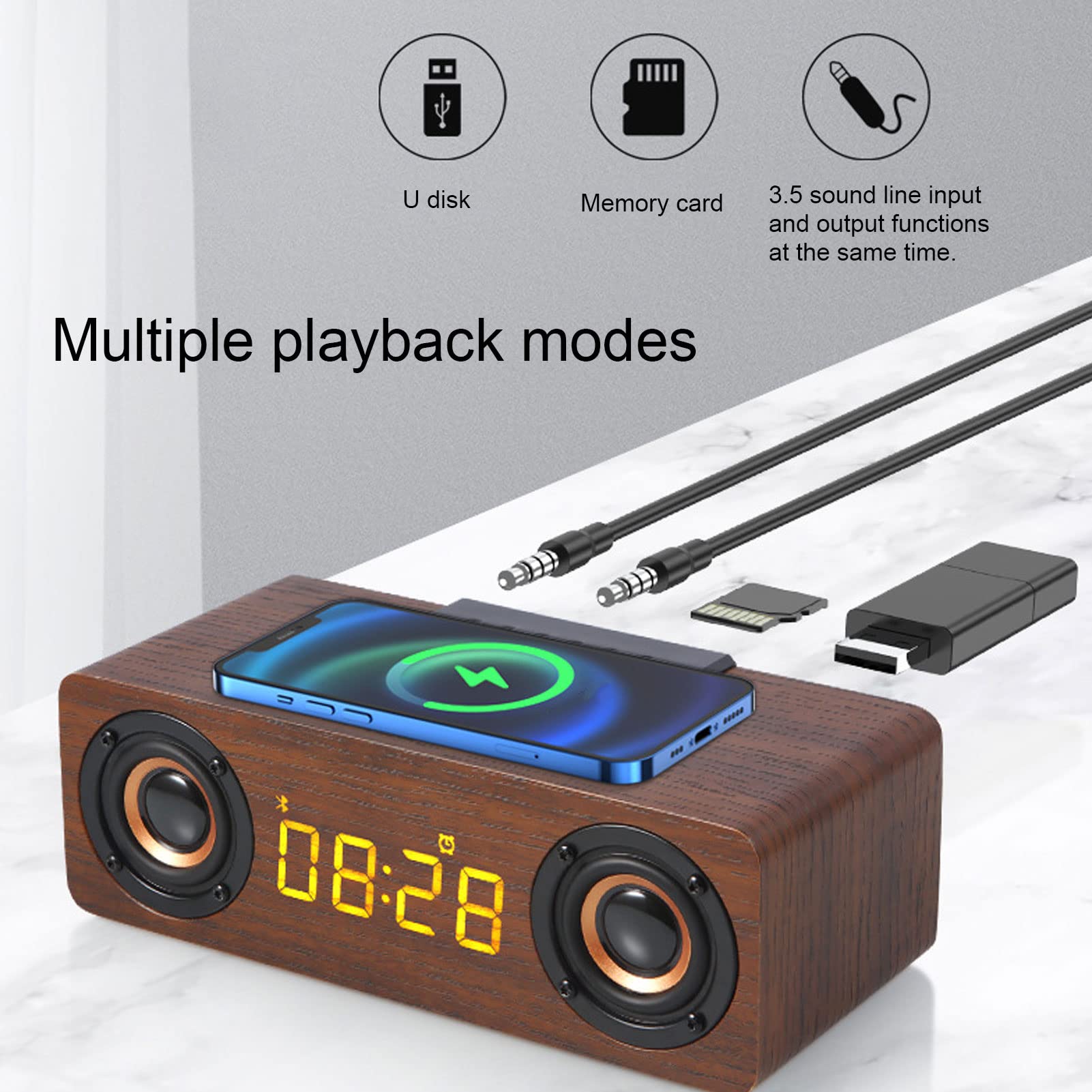 Cuifati Wireless Bluetooth Speaker with LED Alarm Clock, USB Charging Station & FM Radio - Retro Style Bedroom Speaker for Music, MP3 Playback (Light Walnut) | Perfect for Home Decor, Nightstand Use & Gift Giving