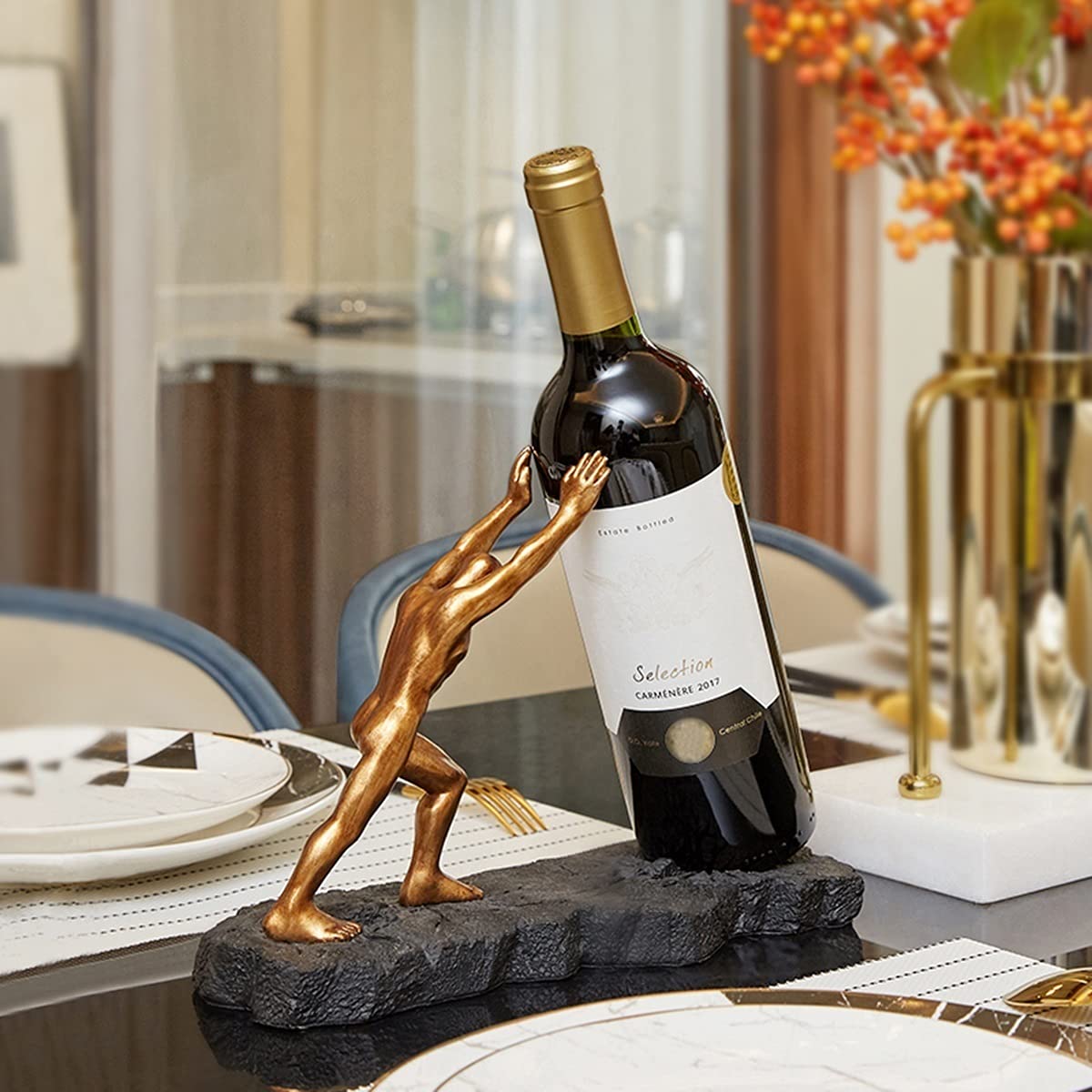 Creative Man-Shaped Wine Bottle Holder Sculpture - Tabletop Wine Rack with Base for Kitchen, Bar & Dining Room Decor - Unique Wine Storage & Display for Home Decor