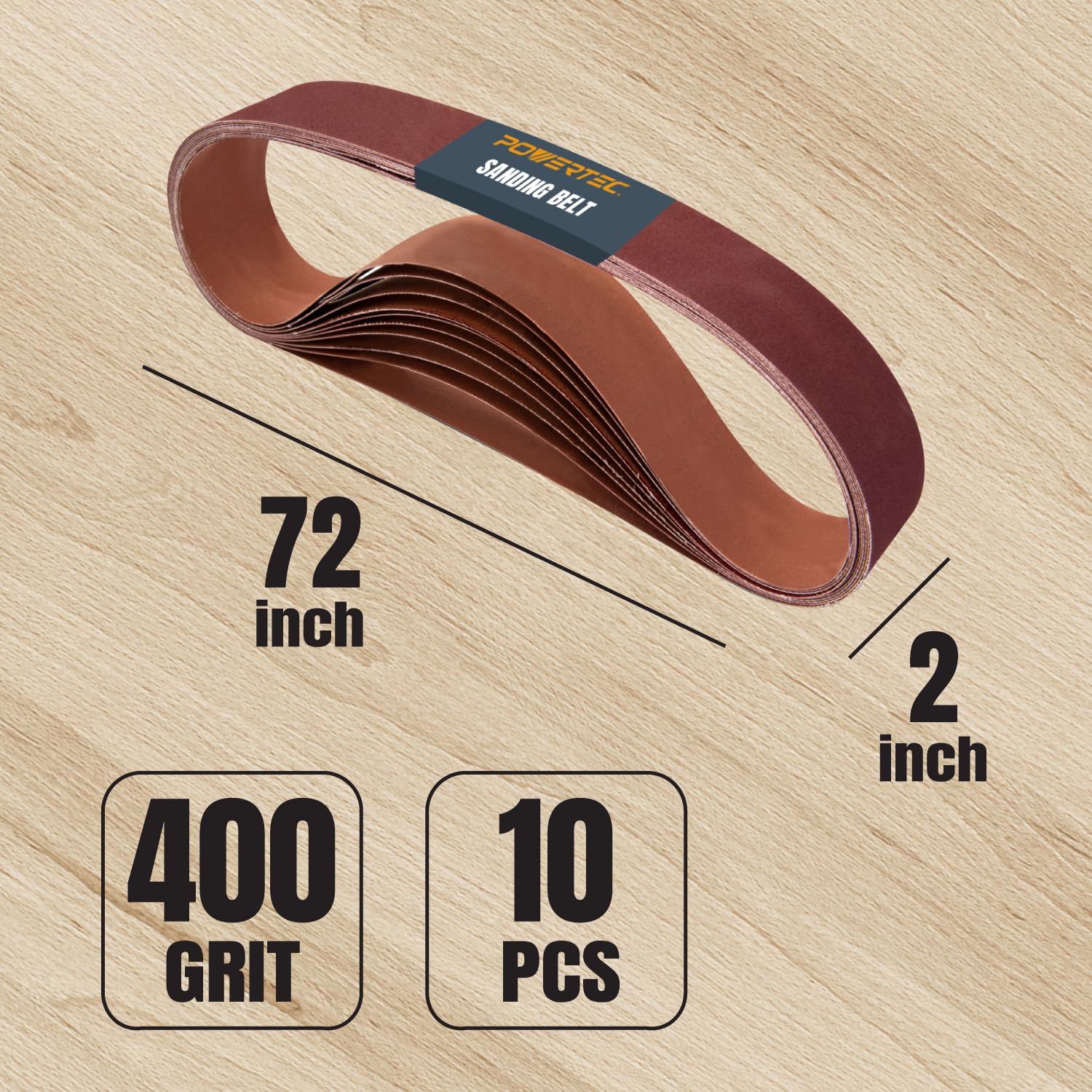 POWERTEC 2 x 72 Inch 400 Grit Aluminum Oxide Sanding Belts for Belt Grinder - 10PK | Wood Sanding, Metal Polishing, Knife Sharpening & Paint Removal | Ideal for DIY Projects, Woodworking & Metalworking