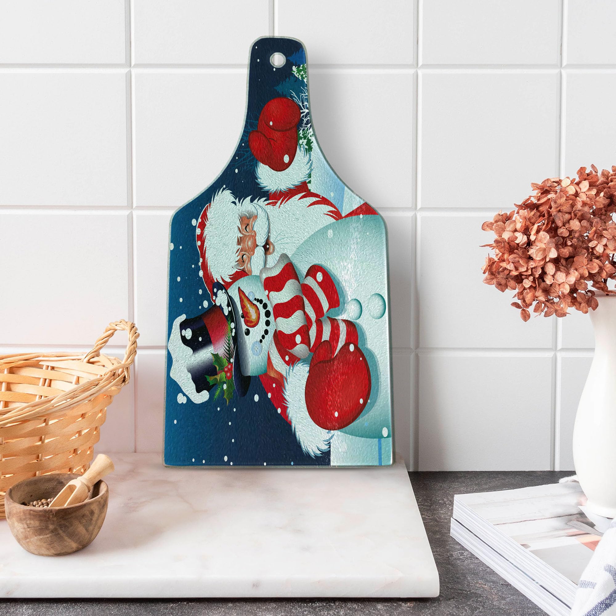 Ambesonne Christmas Cutting Board - Smiling Santa Claus Hugging Snowman on Winter Hills with Fir Trees - Durable Tempered Glass Serving Board in Wine Bottle Shape (Blue, Red, White) - Perfect for Holiday Entertaining, Cheese Platters & Festive Decor