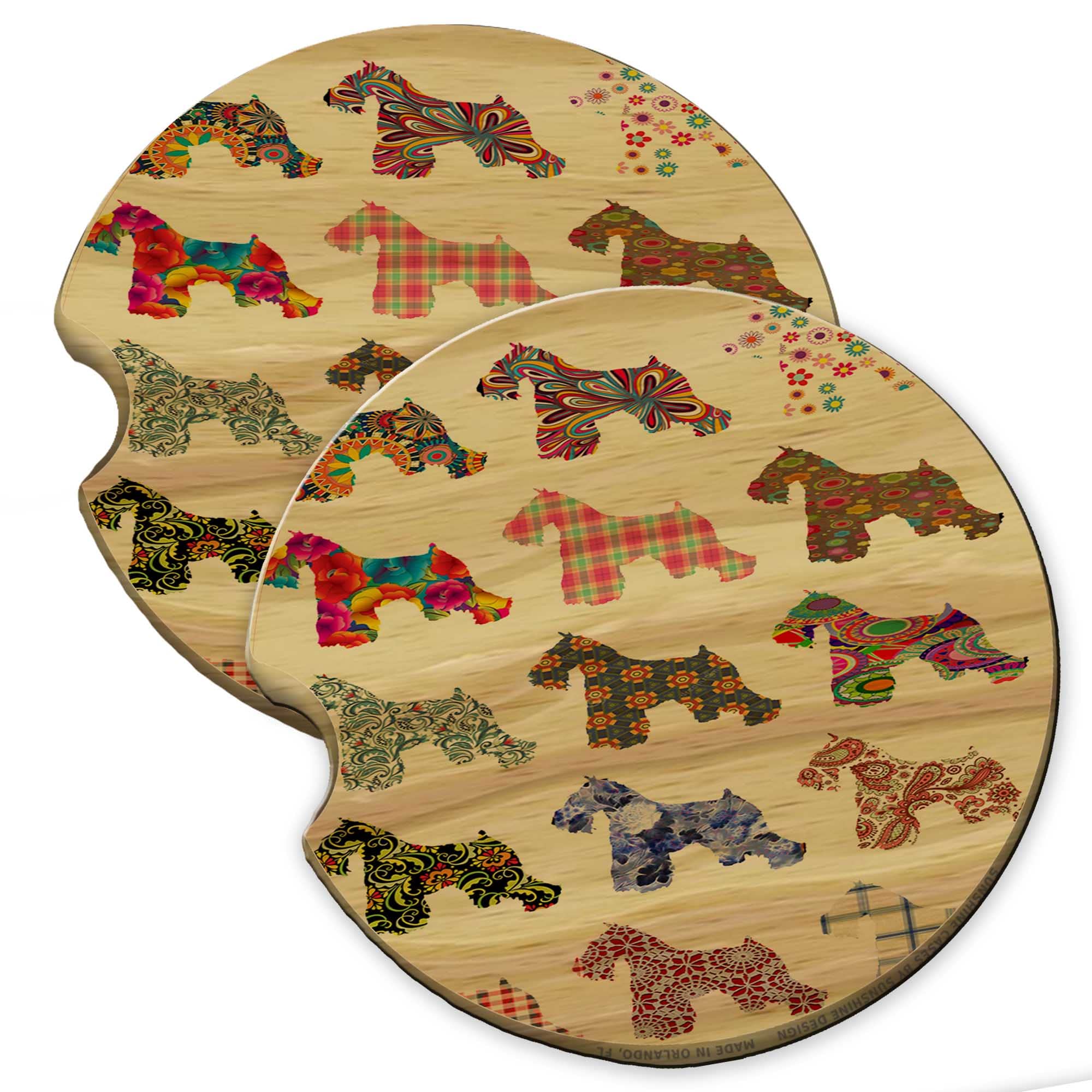 Sunshine Cases Schnauzer Dog Pattern Wood Car Coasters - Set of 2, Fits Car & Truck Cup Holders, Perfect for Home, Office, and Travel Use