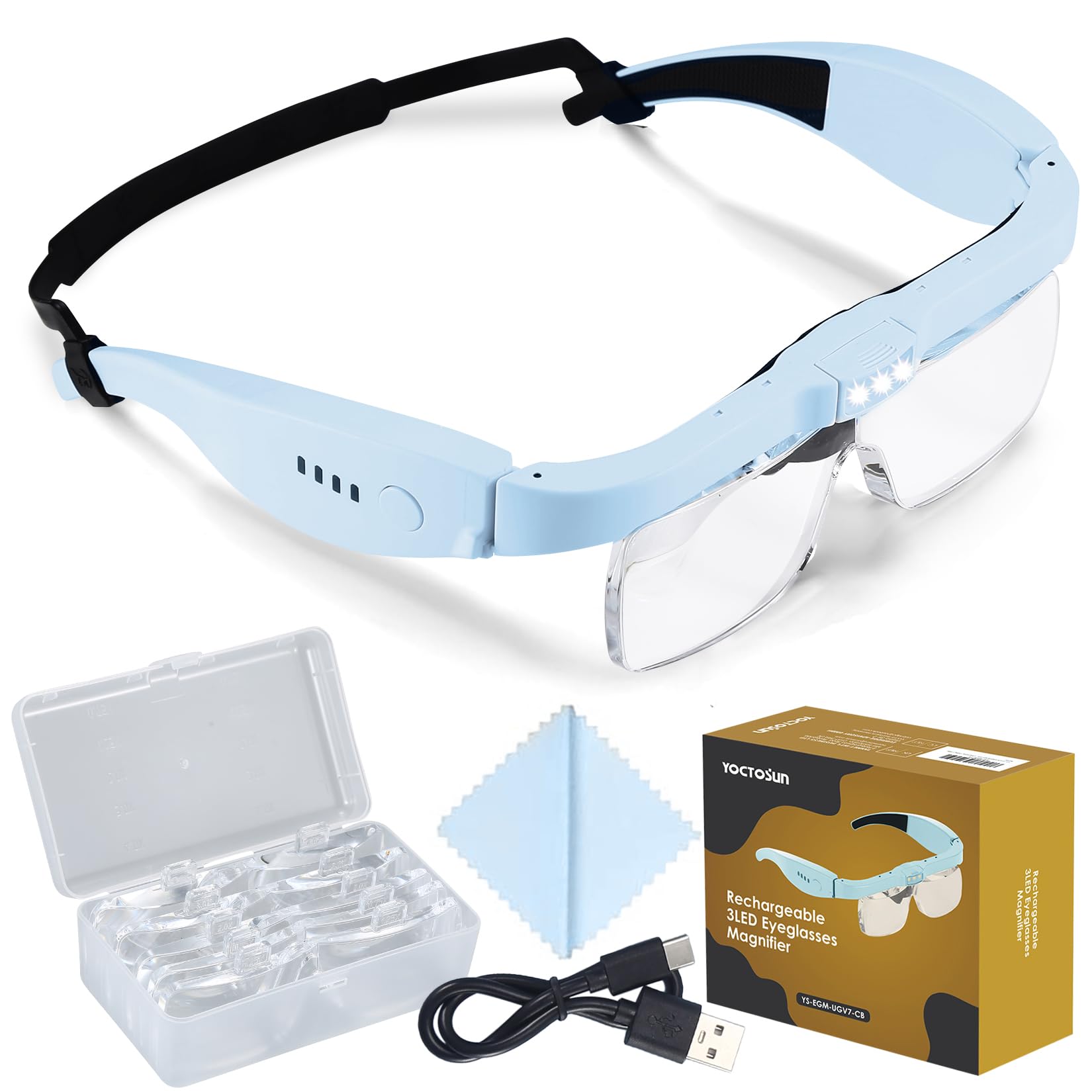YOCTOSUN Magnifying Glasses with 3 LED Lights - 5 Detachable Lenses (0.75X-4.0X) Headband Magnifier for Jewelry Making, Watch Repair, Reading & Hobby Crafts | Hands-Free Illuminated Eyewear for Precision Work