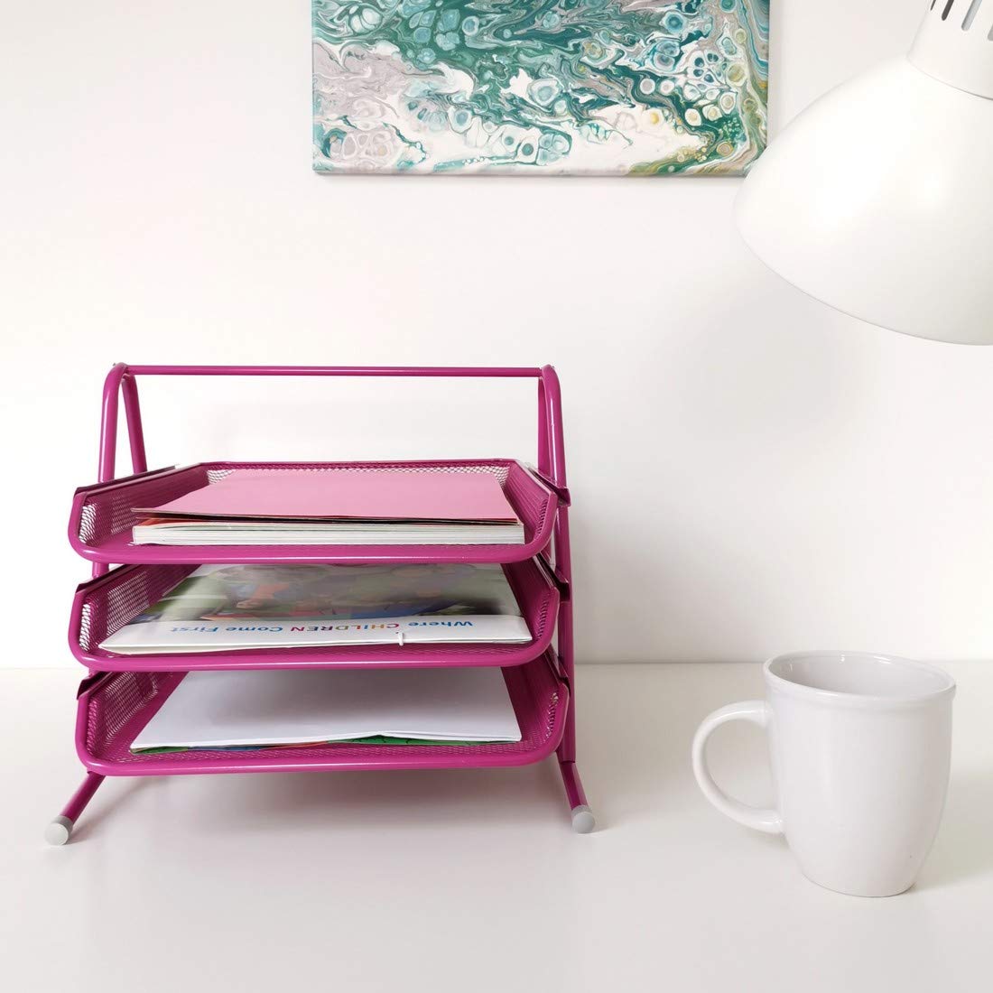 Leviatan Metal Storage Compartments - Office Desk Organizer with Document Drawers & A4 Trays | Mesh Organizer System for Office Drawer Organization (Pink) | Perfect for Home Office, School Desk & Workspace Organization
