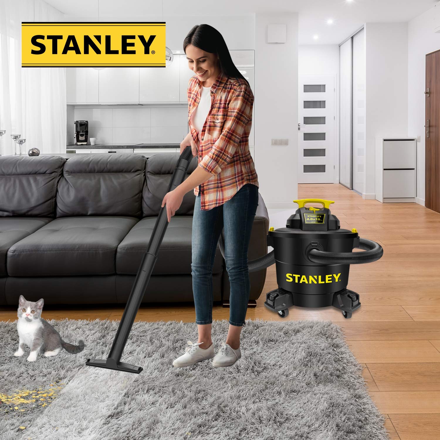 Stanley 10 Gallon 4HP Wet/Dry Shop Vacuum SL18191P - Powerful 16ft Reach Vacuum Cleaner with Attachments for Home, Garage & Laundry Room - Large Capacity High Suction Vac for Cleaning Floors, Carpets, Workshops & Auto Detailing