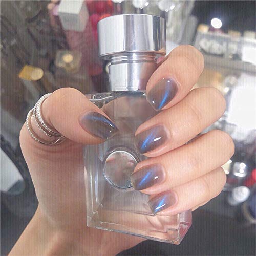 Aimimier 24Pcs Glitter Cat Eye False Nails - Short Square Press on Nails with Glue & Stickers - Blue Glossy Full Cover Fake Nails for Women & Girls - Perfect for Parties, Weddings & Daily Wear
