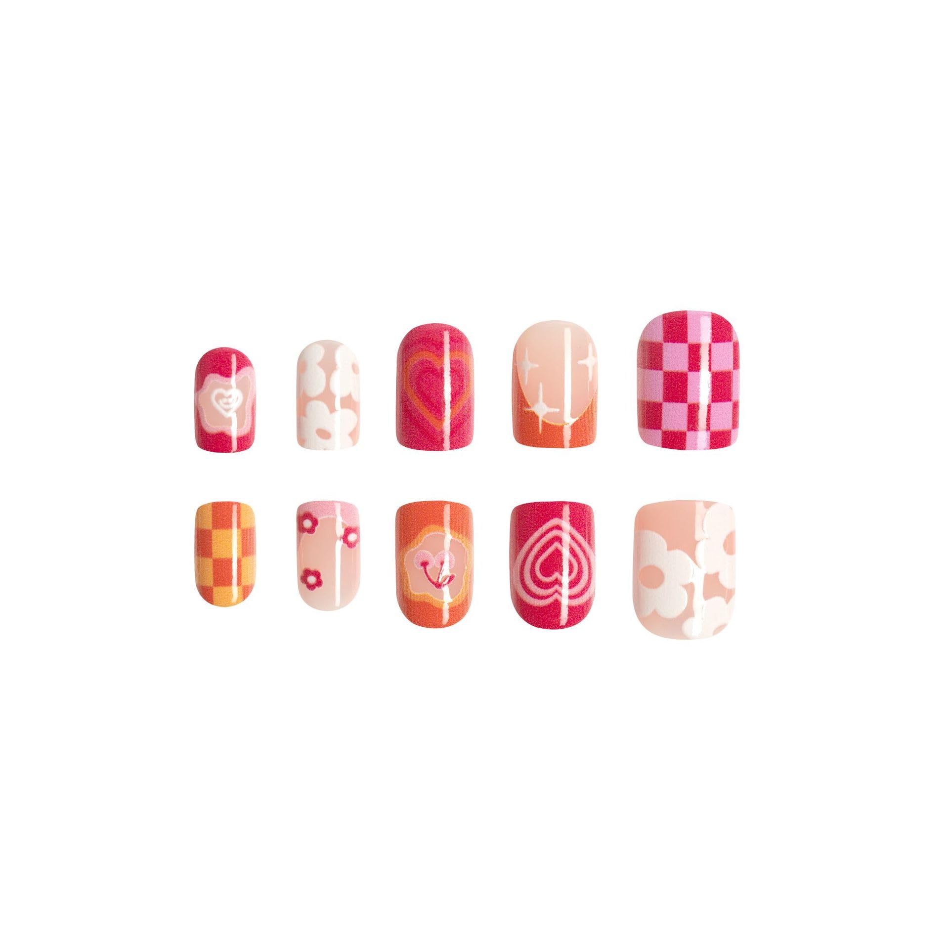 Short Square Press on Nails - Pink French Tips with Rainbow Flower Heart Lattice Design - 24pcs Acrylic Artificial Fake Nails - Perfect for Parties, Weddings, and Daily Wear