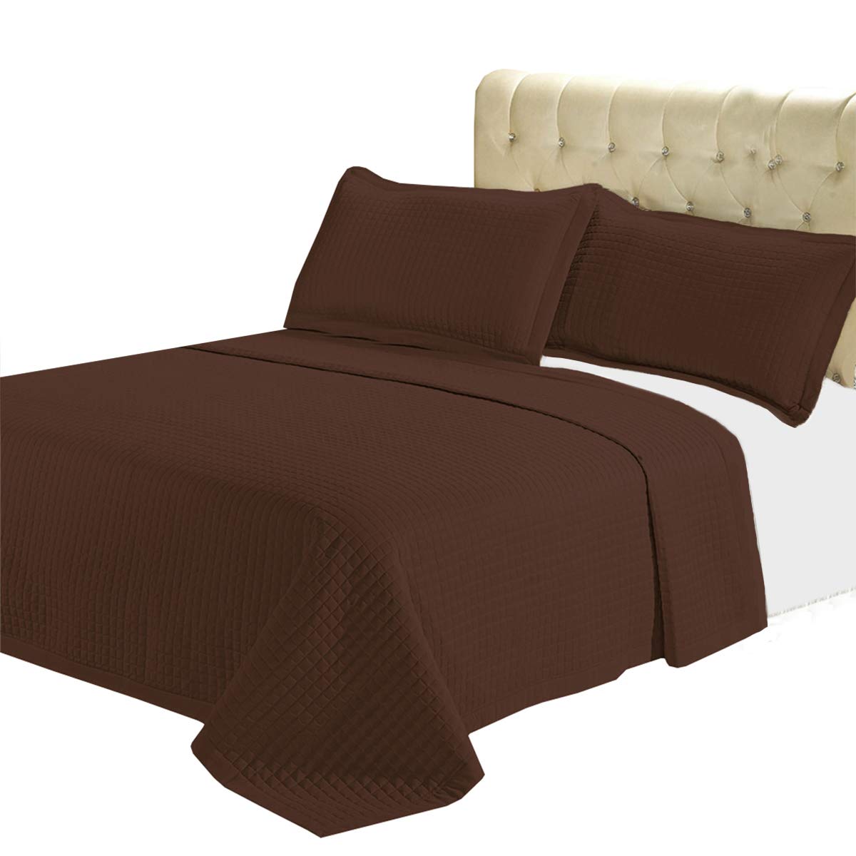 7-Piece Full Size Bedspread Set - Chocolate Checkered Quilted Wrinkle-Free Microfiber Bedding - Includes 3-Piece Coverlet Set & 4-Piece Sheet Set - Perfect for Guest Rooms, Dorms & Cozy Bedroom Decor