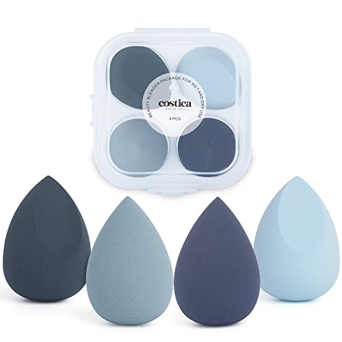 COSTICA 4-Piece Makeup Sponge Set - Premium Beauty Blender for Foundation, Liquid Cream & Powder - Blue Cosmetic Sponge with Storage Box - Perfect for Flawless Face Makeup Application - Ideal for Daily Use, Professional Makeup Artists & Travel