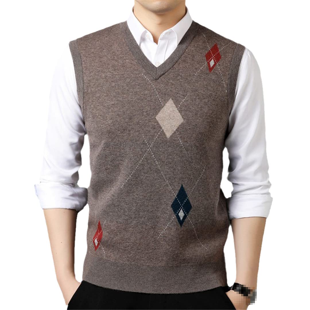 Men's Argyle V-Neck Wool Vest - Casual Sleeveless Pullover for Autumn & Winter Outfits