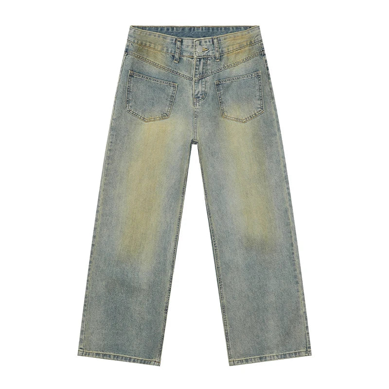 American Style Men's Reversible Contrast Color Distressed Straight Wide Leg Washed Denim Jeans - Casual Wear & Street Fashion | New Arrival 9W1846