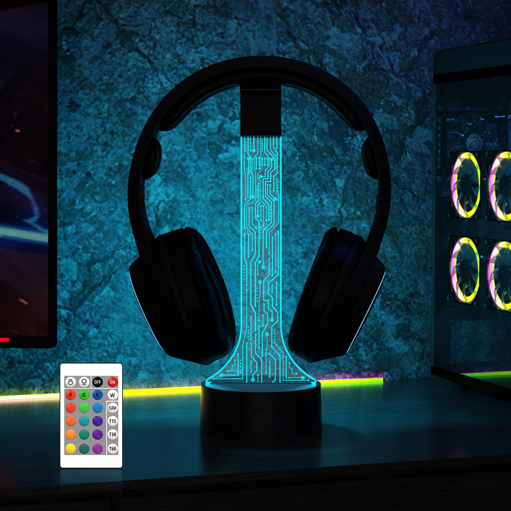 RGB LED Gaming Headphone Stand - 16 Color Changing Lights, USB-Powered Desk Headset Holder for Gamers | Perfect for Gaming Room Setup, PC Battlestation Decor & Cool Gifts for Men, Boyfriends, Gamers (PCB Design)