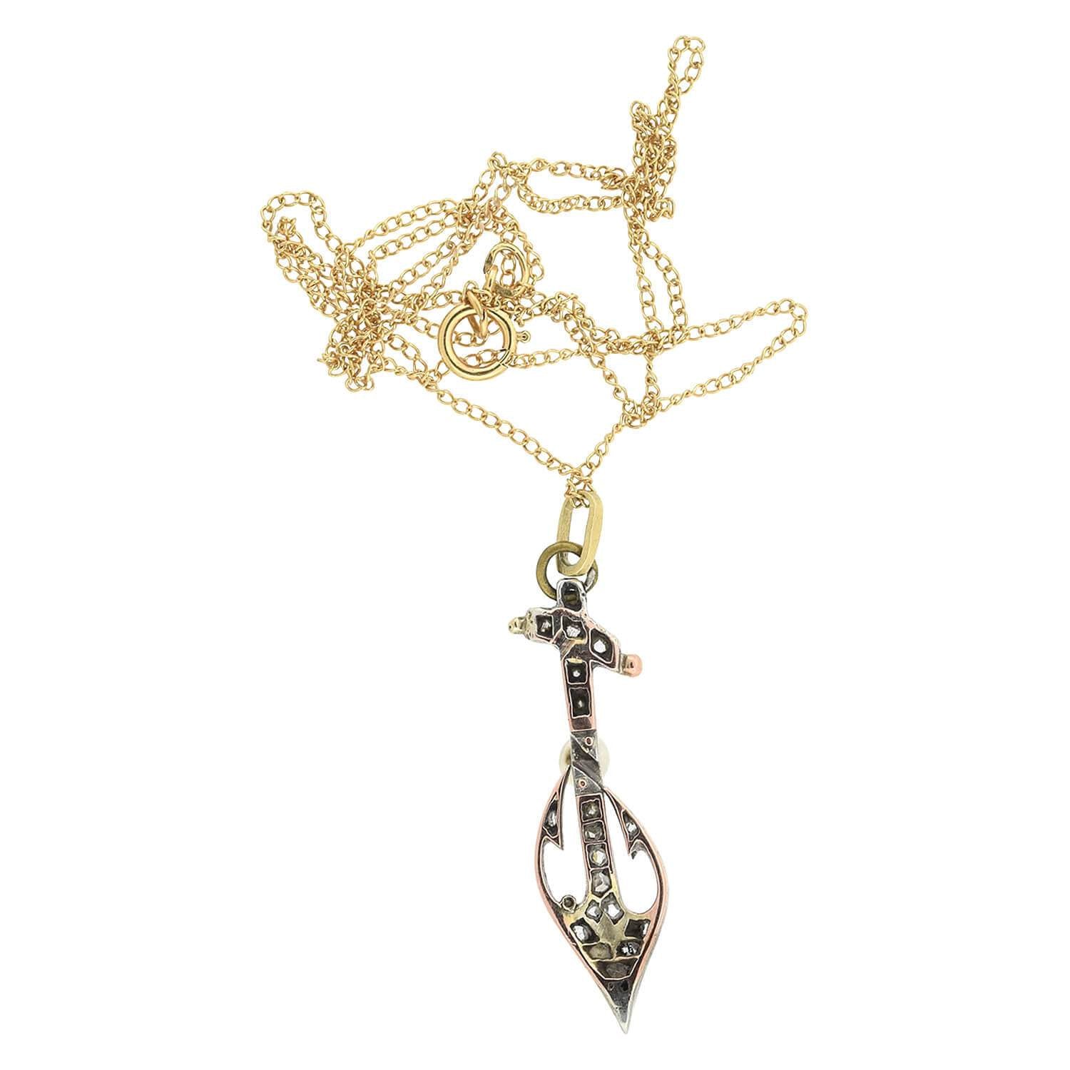 Victorian Style 18K Gold & Sterling Silver Diamond and Pearl Anchor Pendant Necklace - Elegant Jewelry Gift for Women, Perfect for Weddings, Anniversaries and Special Occasions