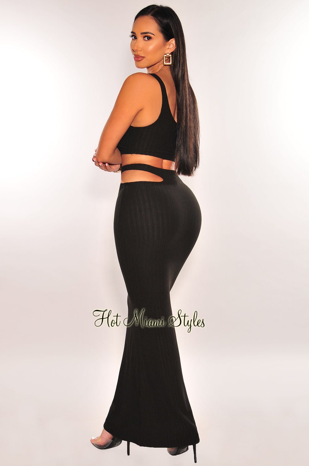 Black Ribbed One Shoulder Cut Out Maxi Skirt Two Piece Set - Elegant Women's Outfit for Summer Beach Party, Date Night & Vacation