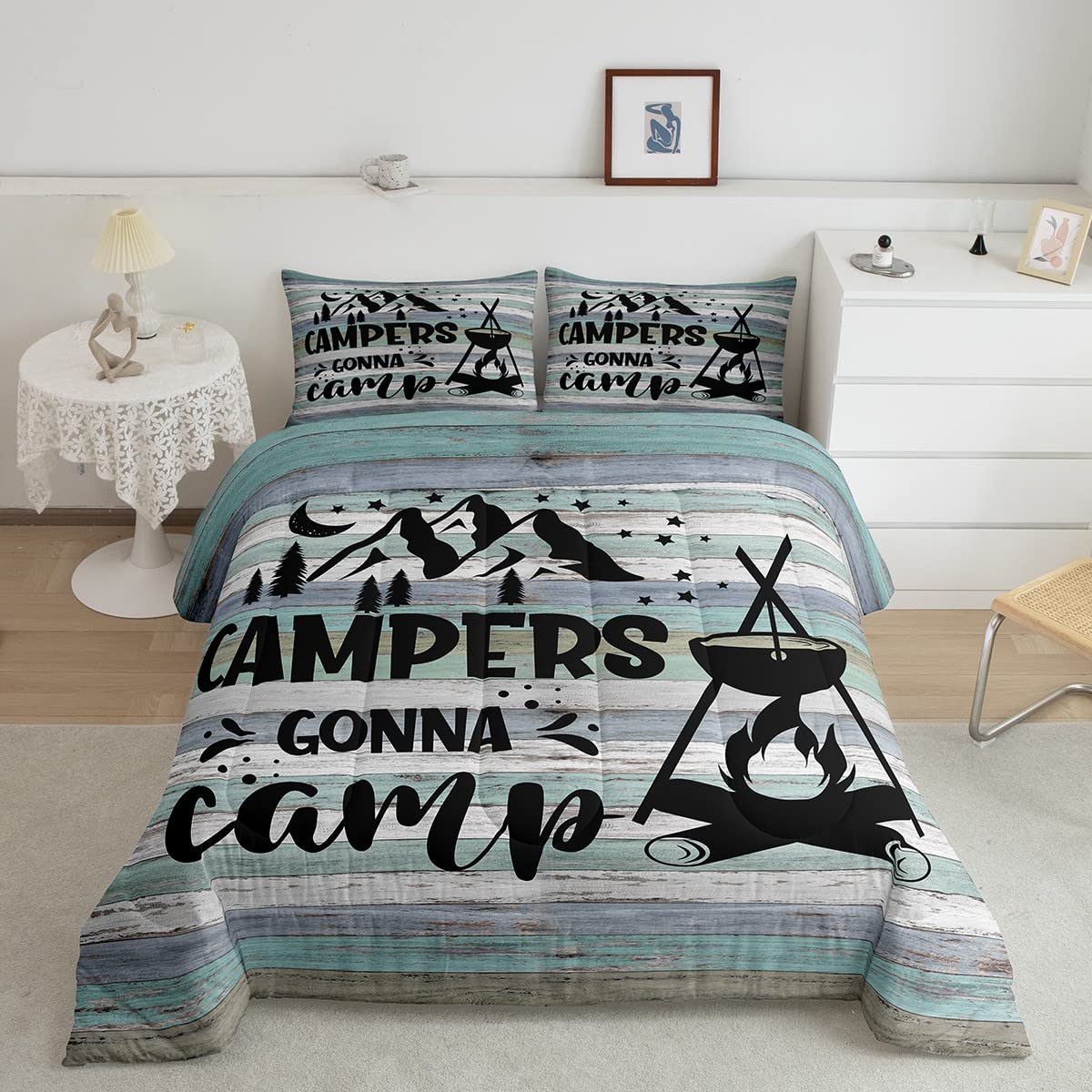 Erosebridal Happy Camping Comforter Set for Teens - Twin Size Camper Bedding with Sketch Drawing Design, Rustic Farmhouse Quilted Duvet Cover (2Pcs) - Perfect for Kids & Teens Bedroom Decor, Camping Themed Room Makeover
