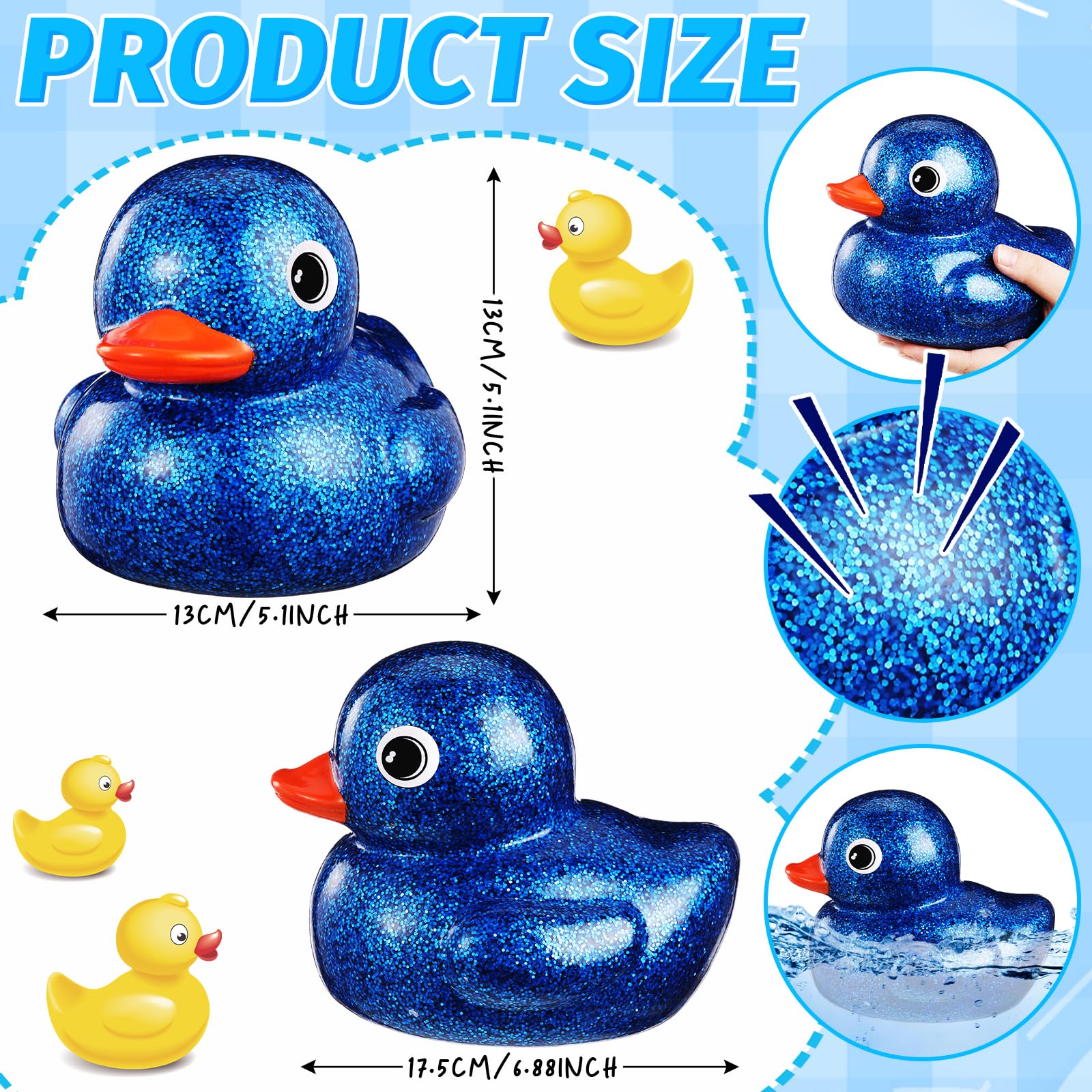 Honoson 6.89 Inch Giant Glitter Rubber Duck - Large Sparkly Bath Toy with Squeaker for Babies & Kids - Perfect for Summer Play, Baby Showers, Birthday Party Favors & Gift Giving (Dark Blue) - Fun Bathtime, Pool Party & Decorative Nursery Accessory