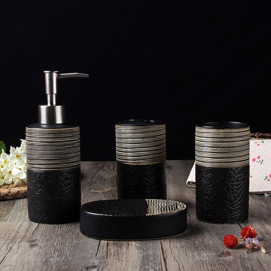 Premium 4-Piece Ceramic Bathroom Accessory Set - Brushed Black Soap Dispenser, Toothbrush Holder, Soap Dish & Tumbler | Modern Refillable Liquid Dispenser for Bathroom, Kitchen & Guest Room Decor