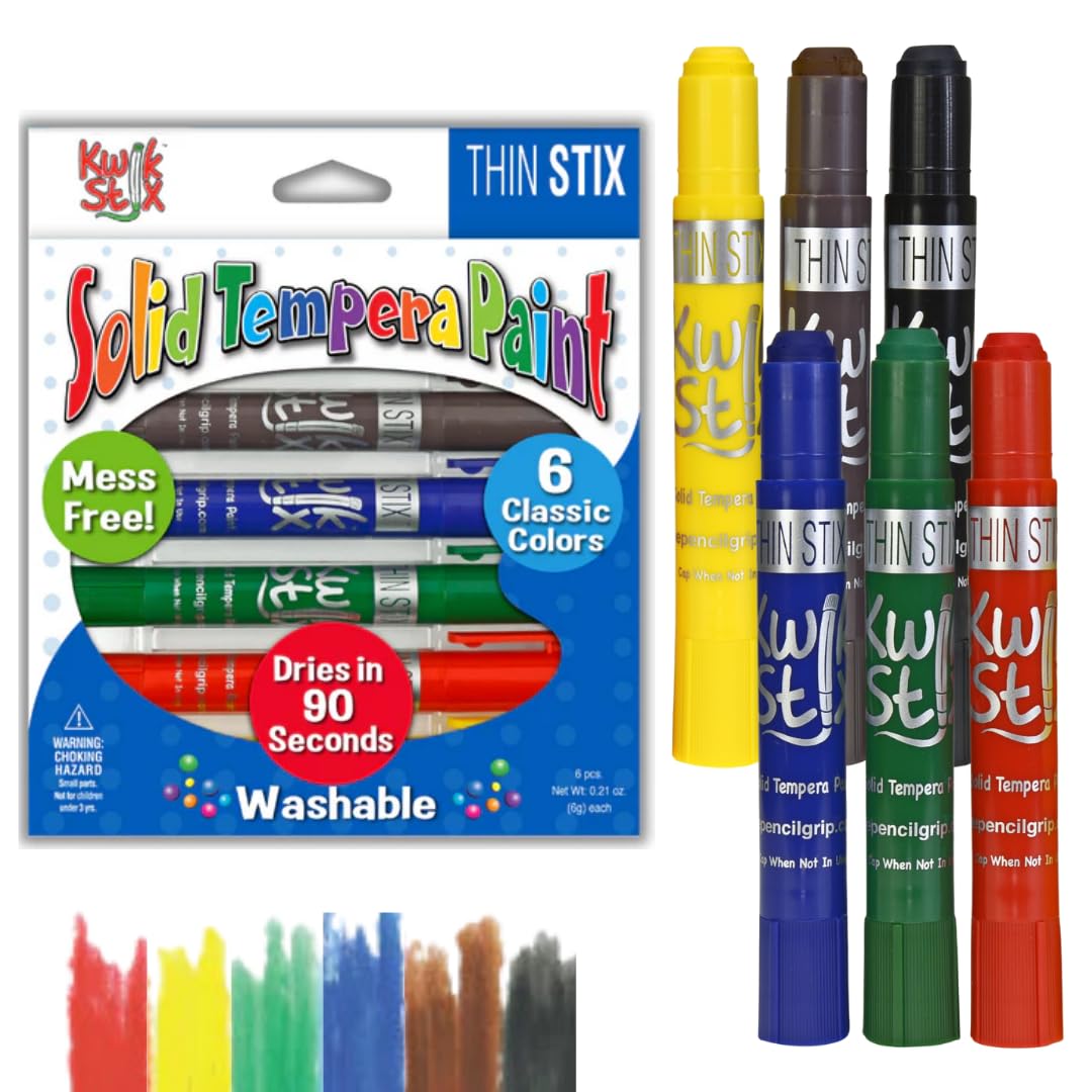 The Pencil Grip Kwik Stix Thin Tempera Paint Pens - 6 Classic Colors, Fast Drying Non-Toxic Tempera Paint Sticks for Kids | Perfect for Classroom Art Projects, DIY Crafts & Home School Activities