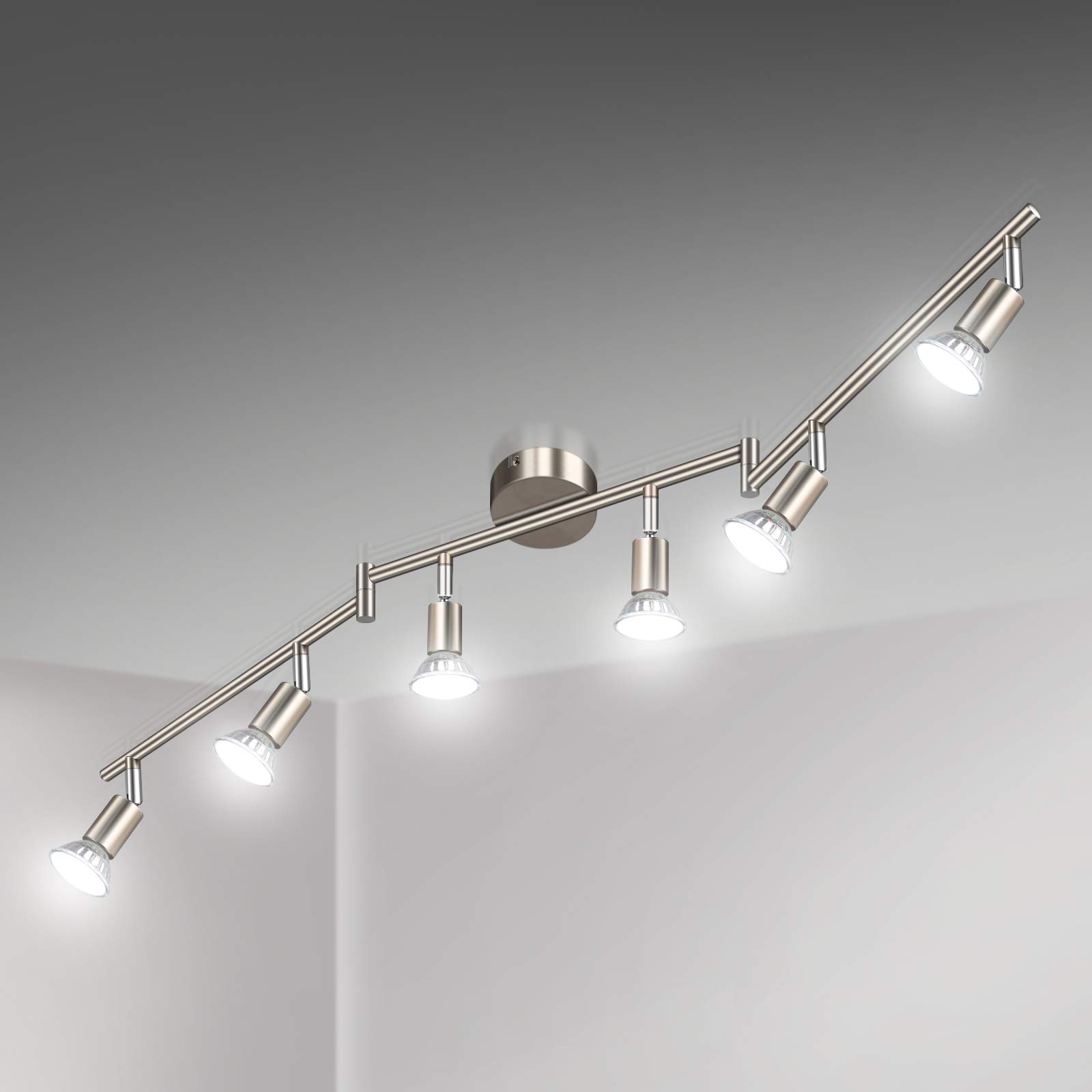 Unicozin 6-Way Rotatable LED Ceiling Light with Matt Nickel Finish - 6 x 4W GU10 LED Bulbs Included (450LM, Cool White 6000K) - Perfect for Kitchen, Living Room, Bedroom Lighting & Modern Home Decor