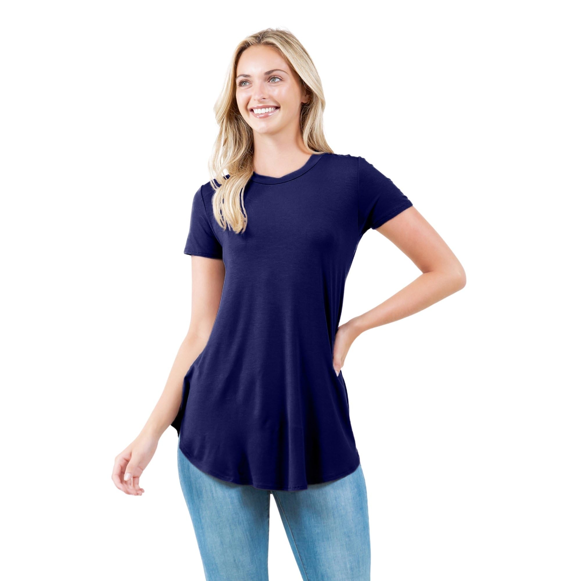 Azules Women's Short Sleeve Tunic Tops - Flowy Scoop Neck Blouse for Leggings | Casual Summer Outfit & Layering Shirt for Work, Travel & Daily Wear