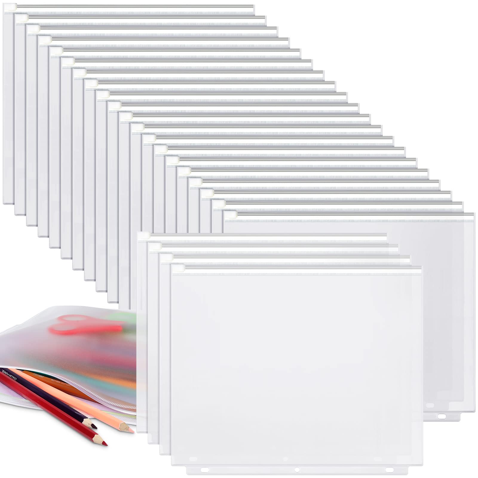 Zonon 30-Pack Clear PVC 3/6 Ring Binder Zipper Pouch - Waterproof A4 Loose Leaf Filing Folders with Transparent Zippers for School, Office & Document Organization