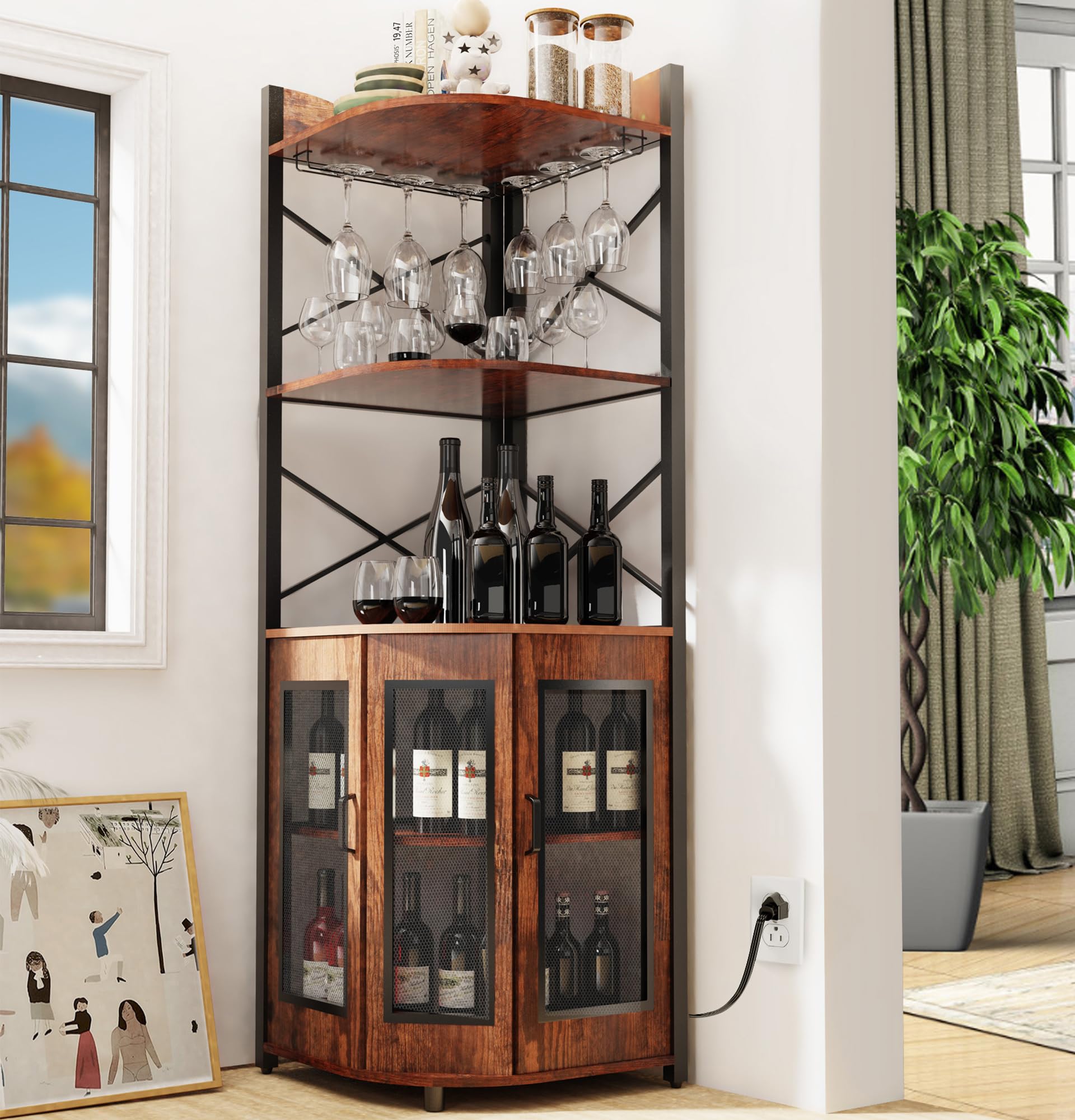 Industrial 5-Tier Corner Bar Cabinet with LED Lights & Power Outlet - Adjustable Shelves, Glass Holder & Mesh Door - Space-Saving Liquor Storage for Home, Office or Restaurant Use