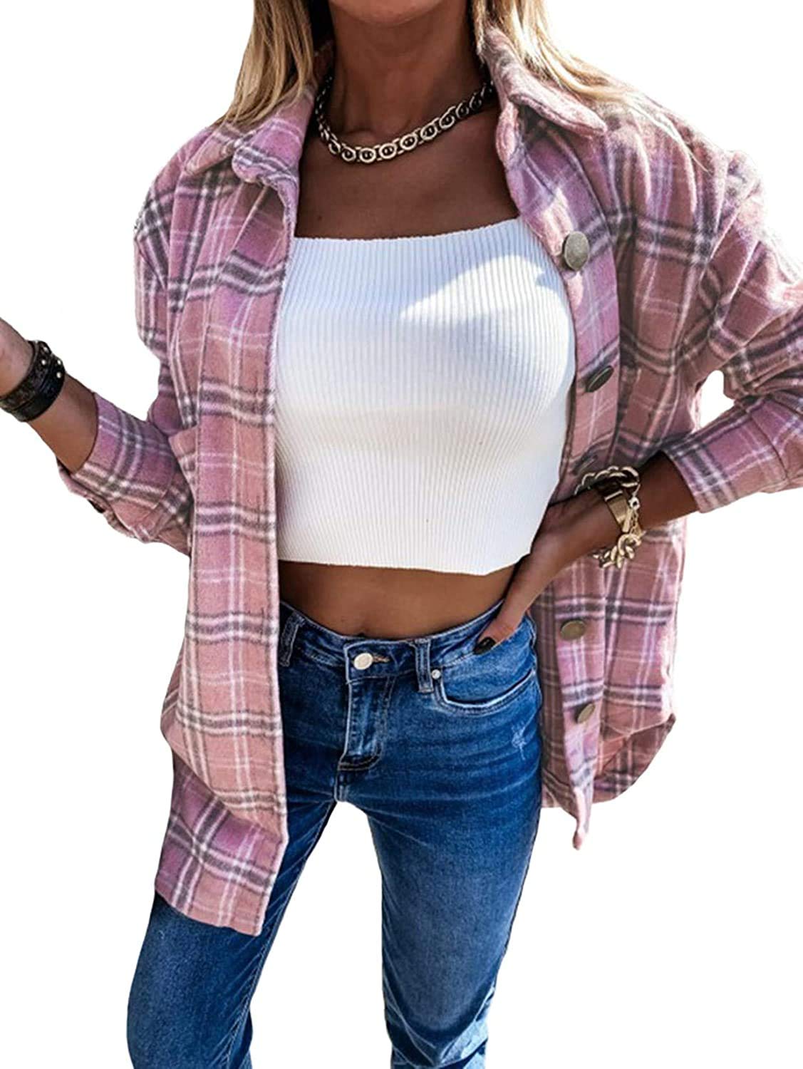Women's Flannel Plaid Shirt Long Sleeve Casual Button Down Blouse with Pockets - Soft & Comfortable for Fall Winter, Perfect for Outdoor Activities, Camping, and Daily Wear (Pink)
