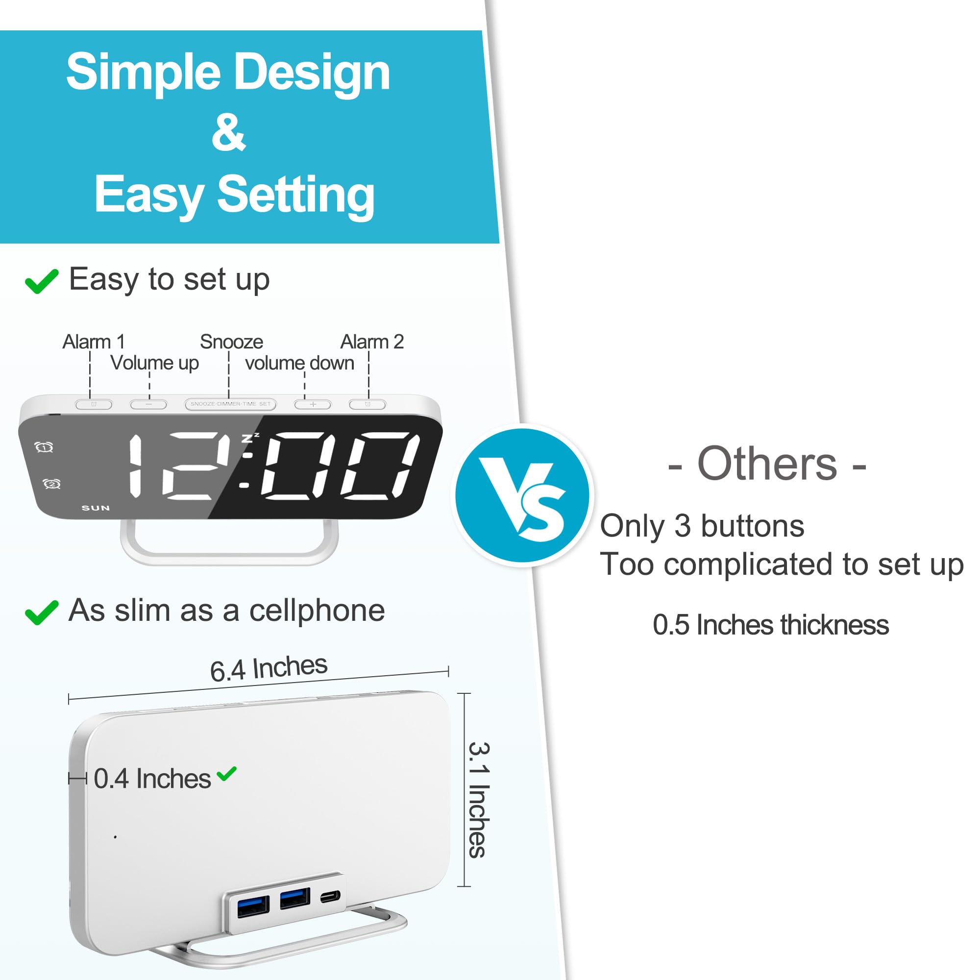 Slim LED Digital Alarm Clock with Mirror Surface - Large Display, Dimmable, Easy Setup, USB Ports - Perfect for Makeup, Bedroom, Desk - Great Christmas & Birthday Gift for Women, Daughter, Girls - White