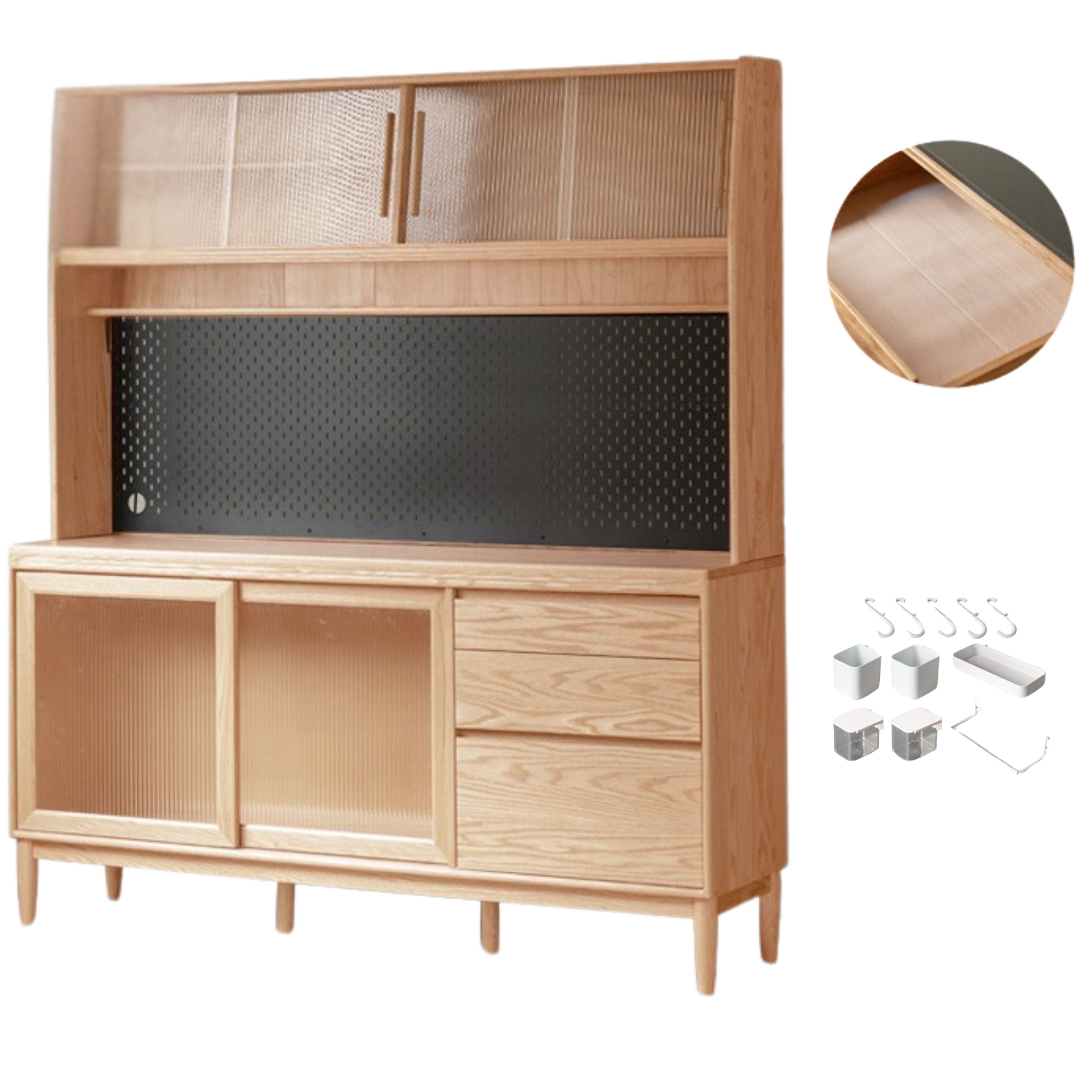 out of stock 70.9x17.3x78.7 inch / 180x44.6x200.8 cm /  Natural Wood Color /Ash solid wood sideboard + upper shelf with waterproof drawer bottom pad + seven-piece perforated board set