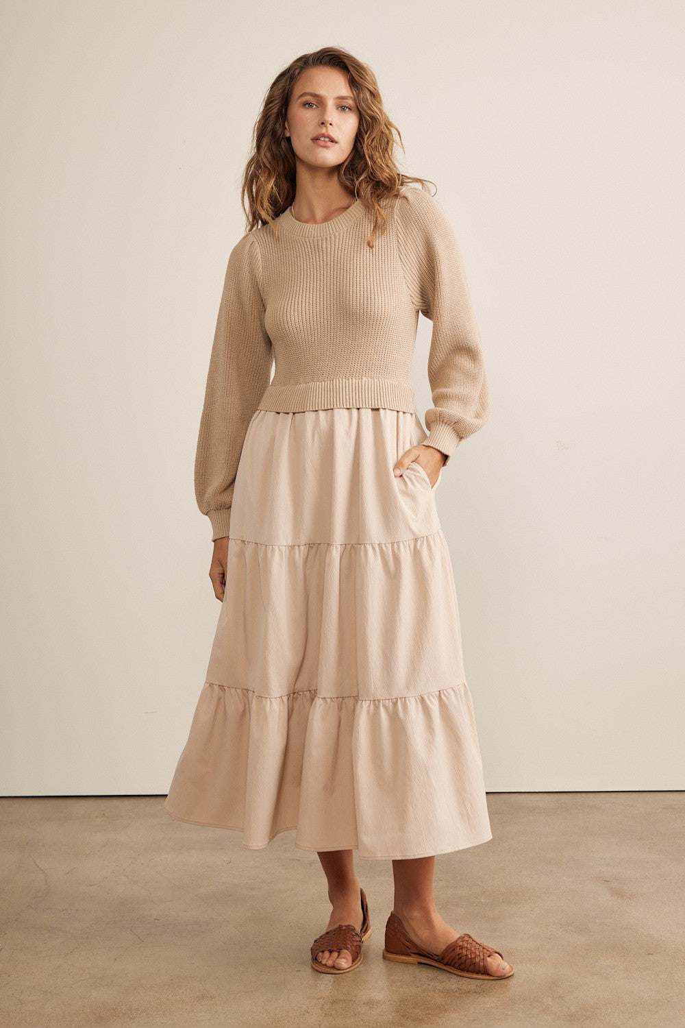 Beige Maternity Sweater Dress - Soft Tiered Midi Dress for Pregnant Women | Perfect for Baby Showers, Maternity Photos & Everyday Comfort