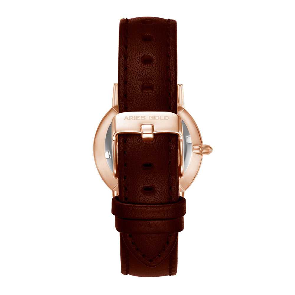 ARIES GOLD Urban Santos Rose Gold Stainless Steel Women's Watch with Brown Leather Strap - Elegant Dress Watch for Business, Office & Special Occasions