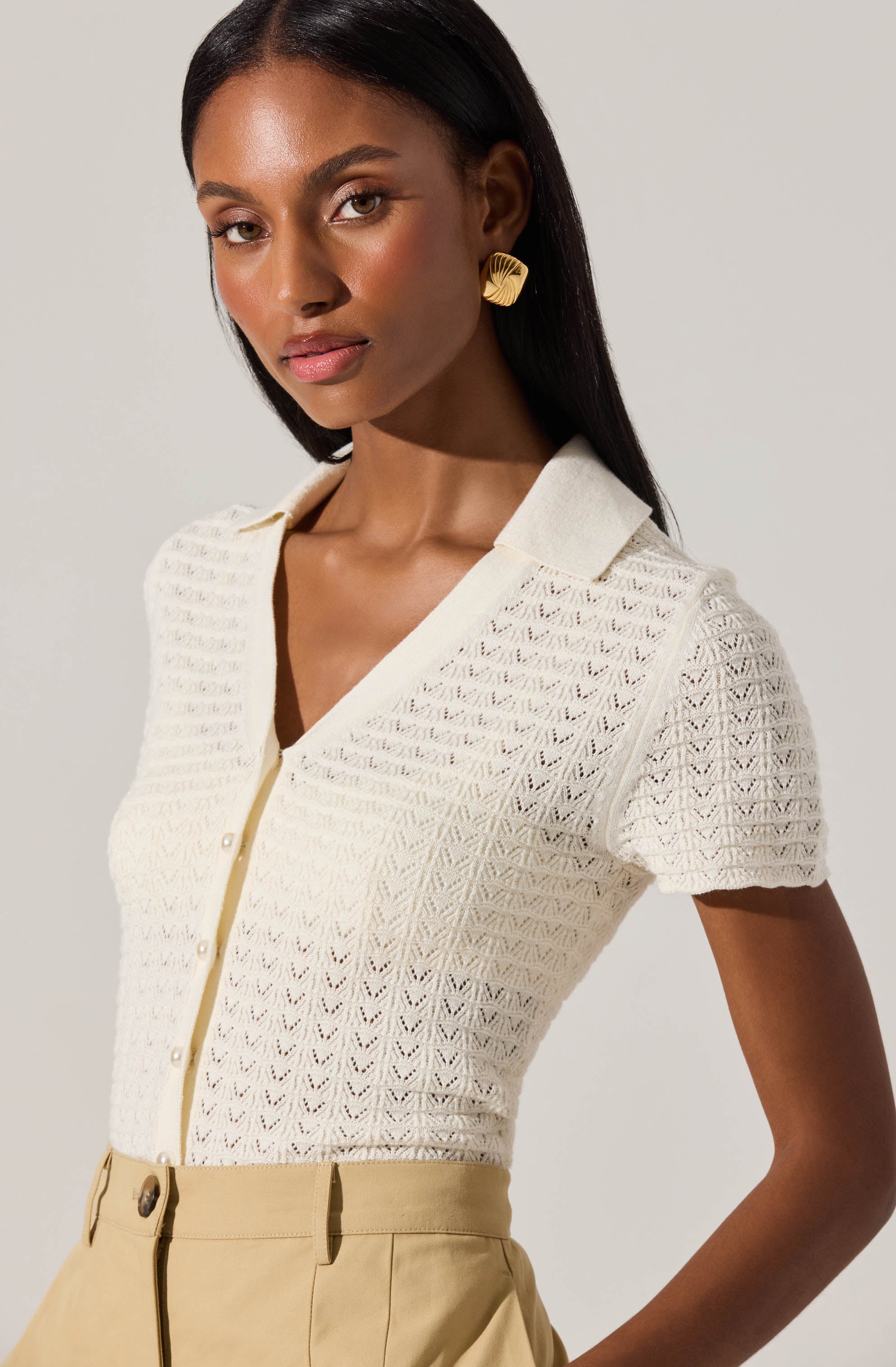 Stylish Pearl Polo Pointelle Sweater for Women - Breathable Knit Top for Casual & Office Wear - Perfect for Layering in Fall & Winter