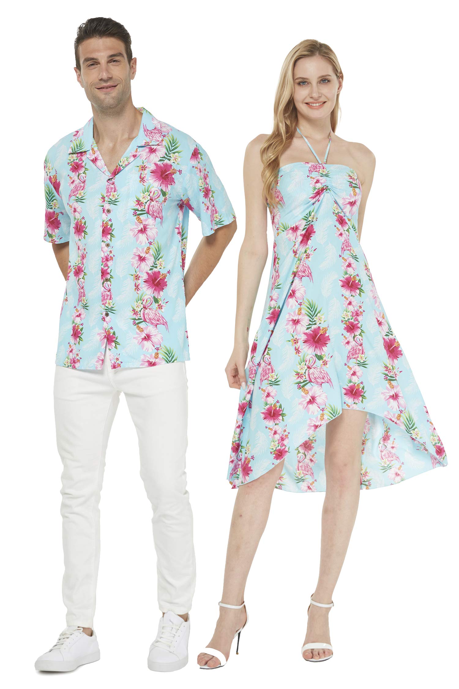 Hawaiian Luau Cruise Party Matching Couple Outfit - Hibiscus Print Shirt & Dress Set for Tropical Vacation, Beach Date, and Summer Cruise