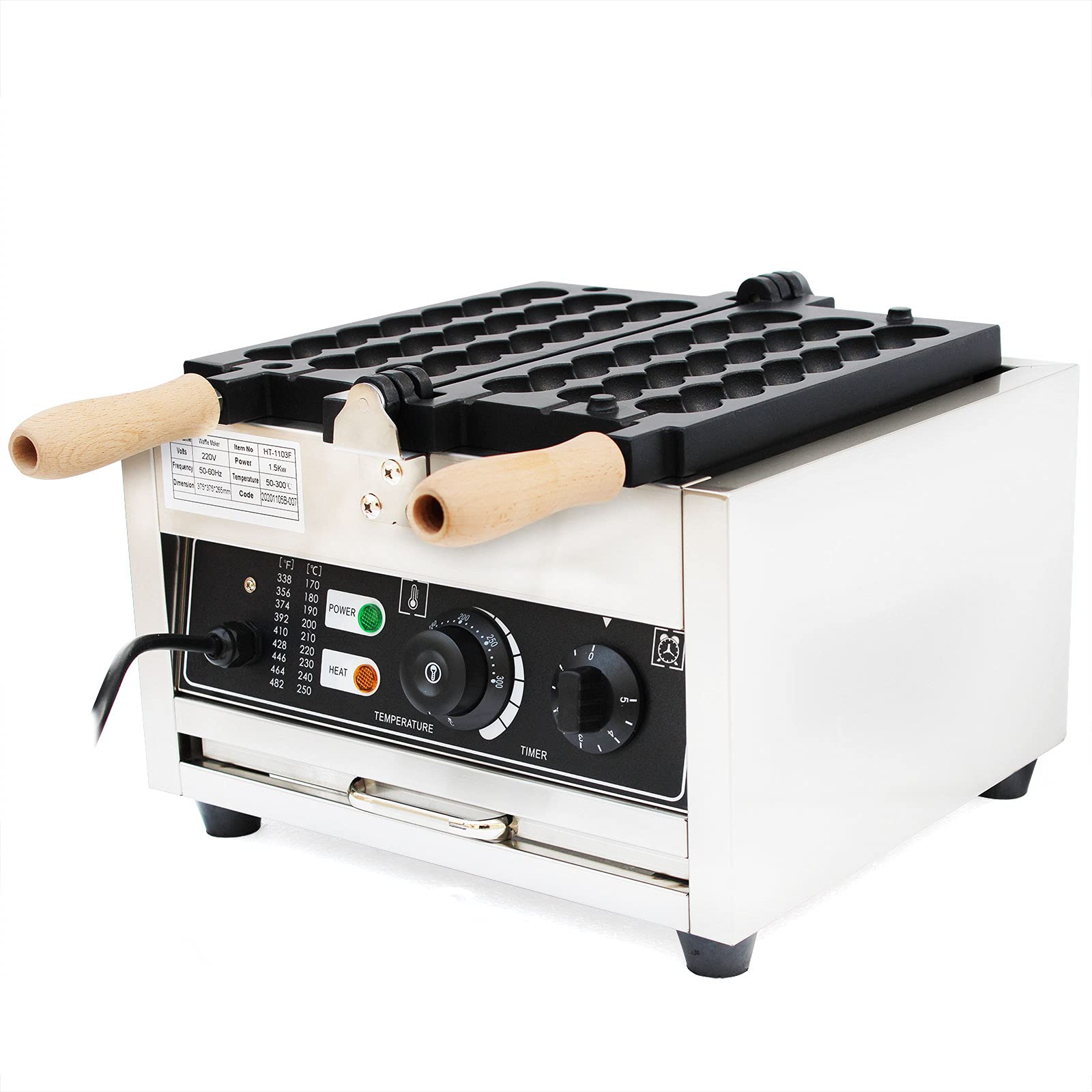 1500W Commercial Electric Waffle Maker Machine - Stainless Steel Non-Stick Round Waffle Ball Baker with Timer for Restaurants, Cafes & Home Breakfast - Perfect for Waffle Bites, Desserts & Party Snacks