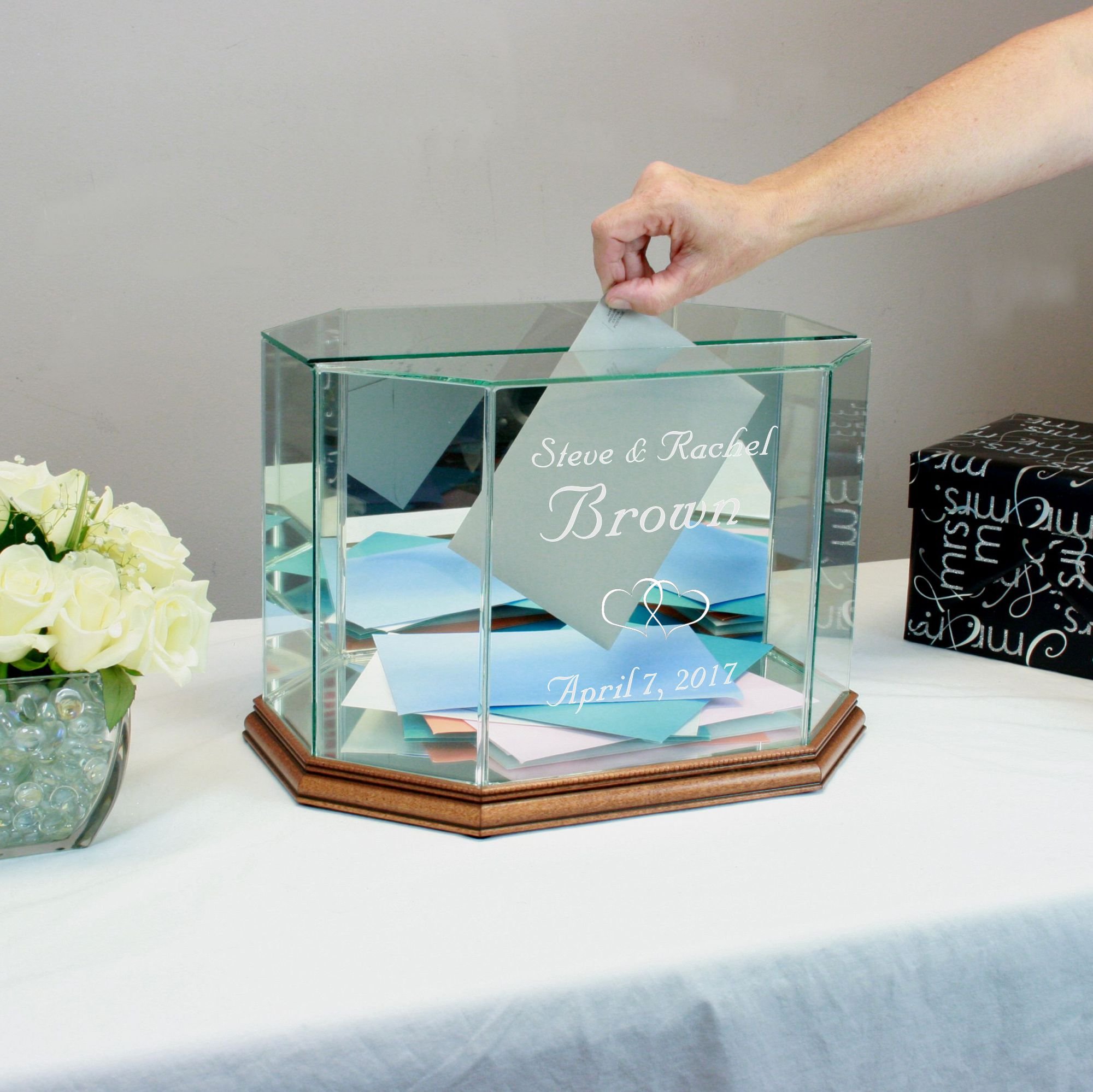 Personalized Glass Octagon Wedding Card Box - Elegant Walnut Keepsake for Wedding, Bridal Shower & Anniversary Celebrations - Perfect for Gift Cards & Wishes